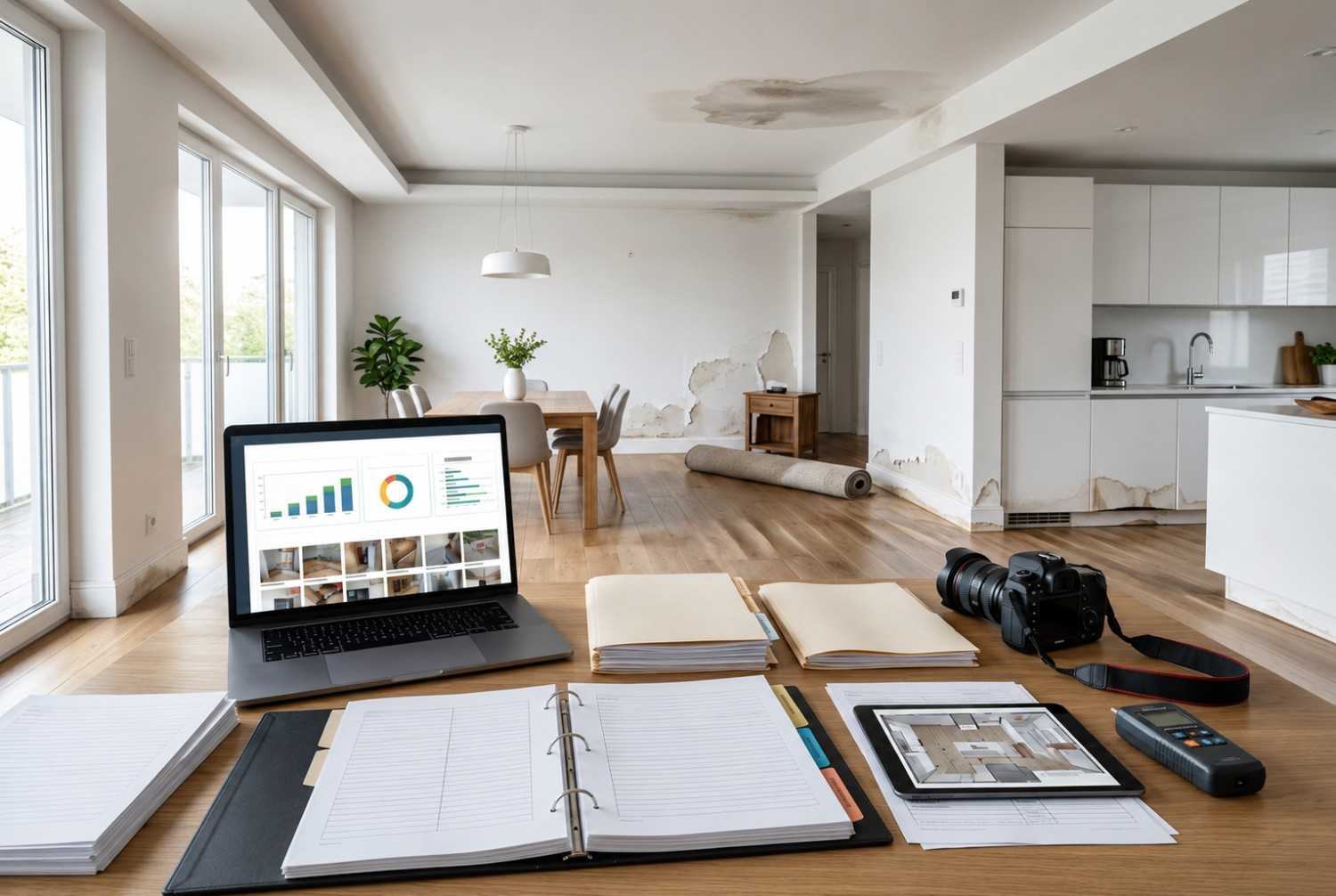 Professional water damage assessment and insurance documentation for a residential property. Restoration specialists inspect water-damaged walls, ceilings, and flooring while preparing property loss reports, moisture readings, and claim documentation. Expert water damage restoration services support accurate insurance claims, damage evaluation, and efficient recovery after leaks or flooding.