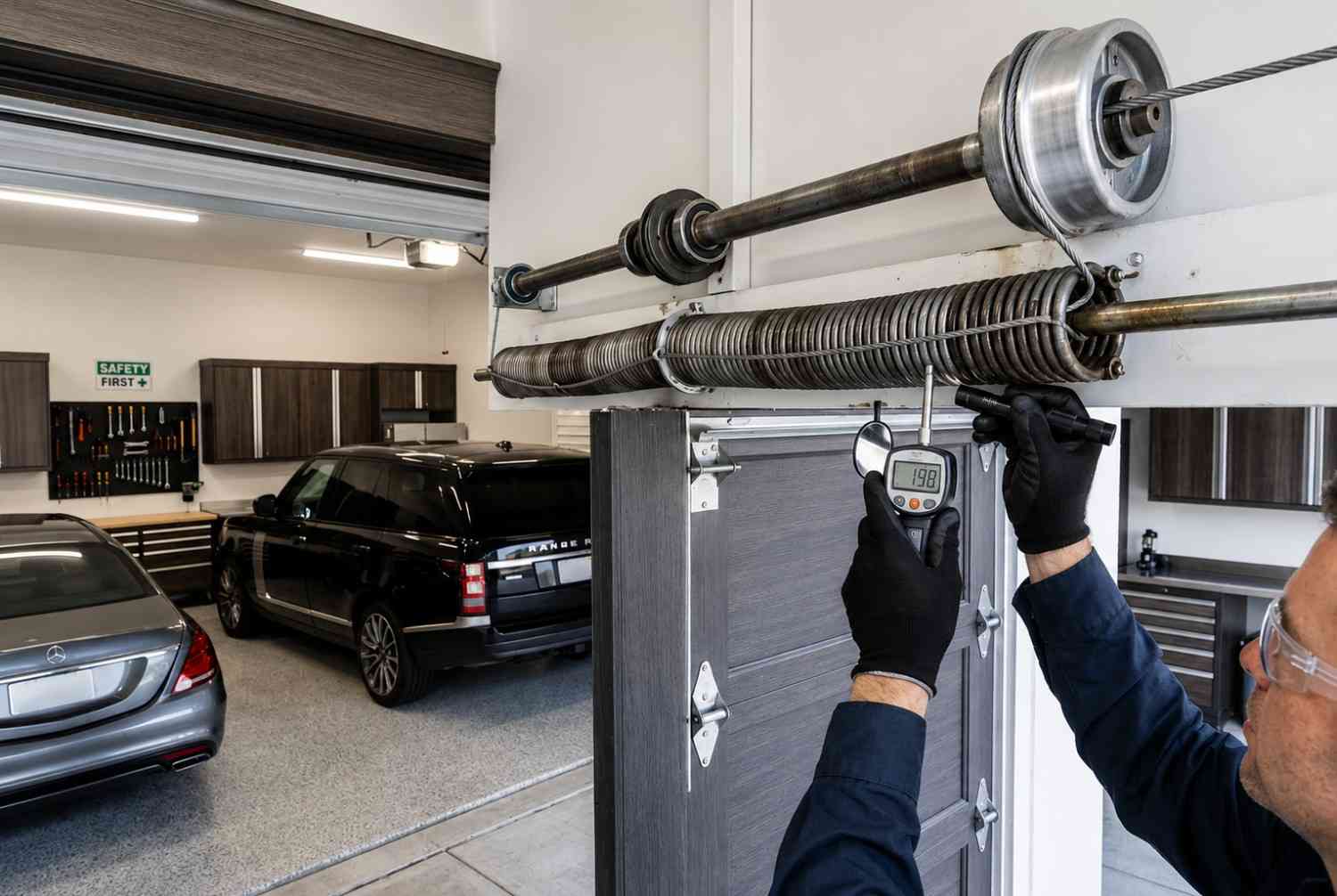 Technician inspecting and repairing a garage door torsion spring system using precision measuring tools in a residential garage. Professional garage door spring repair and maintenance services improve safety, restore proper door balance, prevent spring failure, and ensure smooth, reliable operation of overhead garage doors.