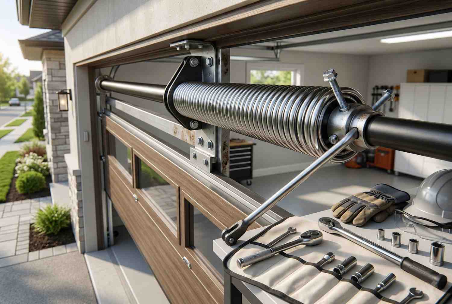 Close-up of a garage door torsion spring installation with professional repair tools and hardware. Expert garage door spring replacement services improve safety, restore proper door balance, reduce opener strain, and ensure smooth, reliable operation for residential overhead garage doors and modern garage systems.
