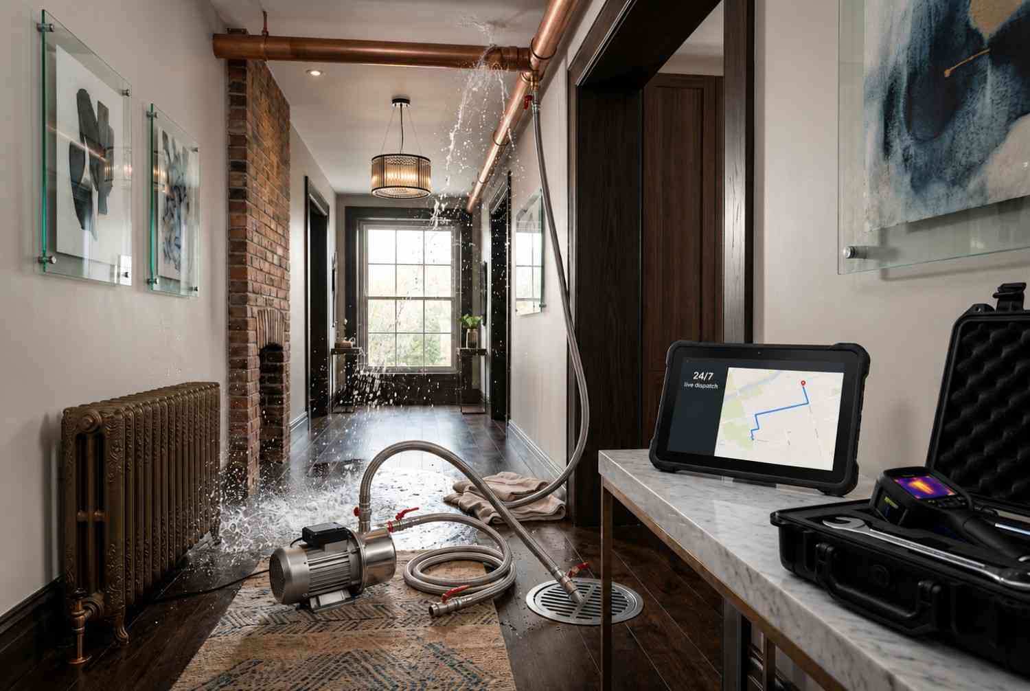 Emergency water leak repair in a residential hallway, featuring advanced leak detection equipment, water extraction tools, and burst pipe remediation. Professional plumber responding to a plumbing emergency, preventing water damage with rapid leak detection, pipe repair, and flood restoration services in a modern home.