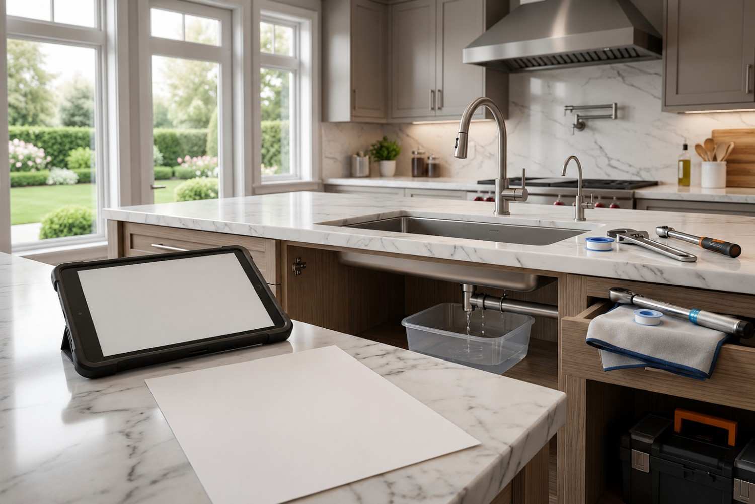 Kitchen sink plumbing inspection with service estimate document, leak detection setup, and professional plumbing tools in a modern home. Residential plumber assessing under-sink water leaks, providing repair costs, maintenance recommendations, and expert plumbing services for kitchen pipe repair and leak prevention.