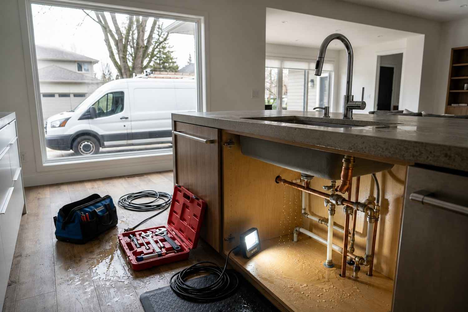 Professional plumber repairing a leaking kitchen sink pipe in a residential home, with plumbing tools and inspection equipment on-site. Under-sink leak detection and pipe repair service preventing water damage, while a plumbing service vehicle is visible outside, highlighting fast and reliable emergency plumbing solutions.