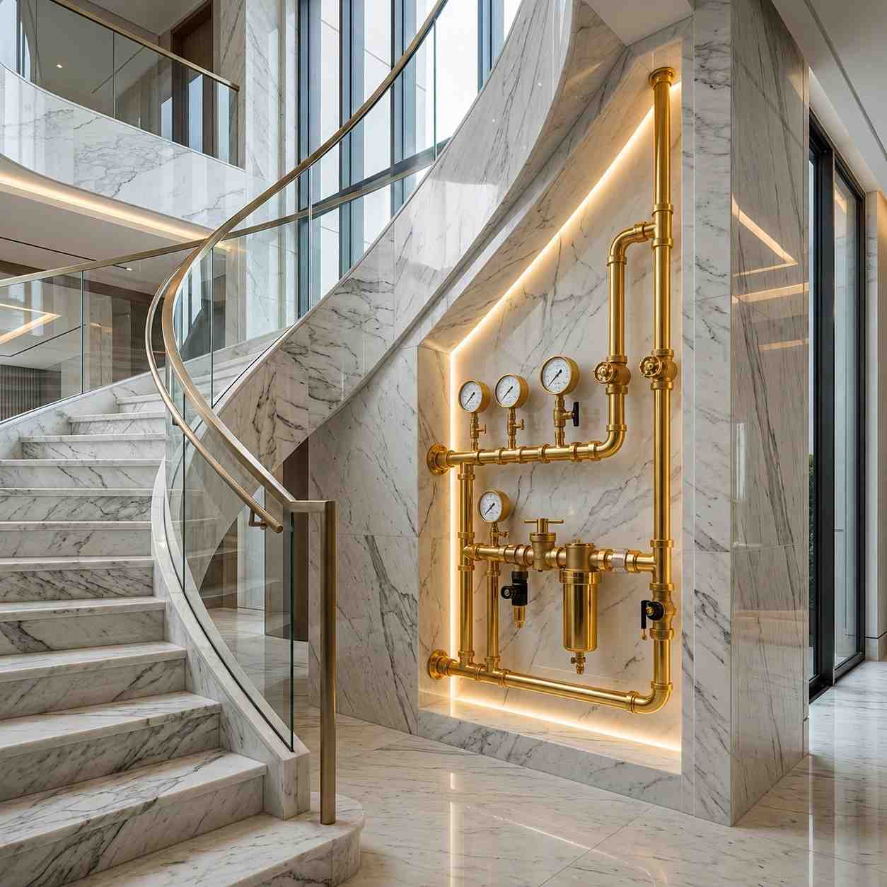 Luxury residential plumbing system with exposed brass pipes, pressure gauges, and filtration components integrated into a modern marble staircase design. High-end plumbing installation showcasing custom water distribution, pressure regulation, and premium home plumbing engineering in an upscale residential property.
