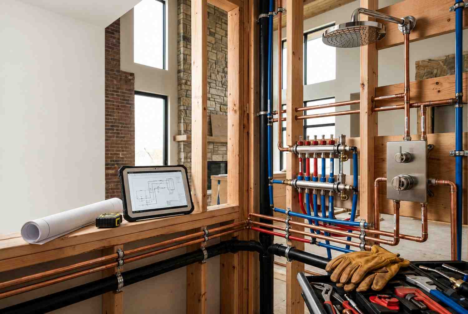 Residential plumbing rough-in installation featuring copper and PEX piping, shower valve connections, drainage lines, and a water distribution manifold. Professional plumber setup in a new home construction project, showcasing code-compliant plumbing design, efficient water supply systems, and custom bathroom plumbing infrastructure.