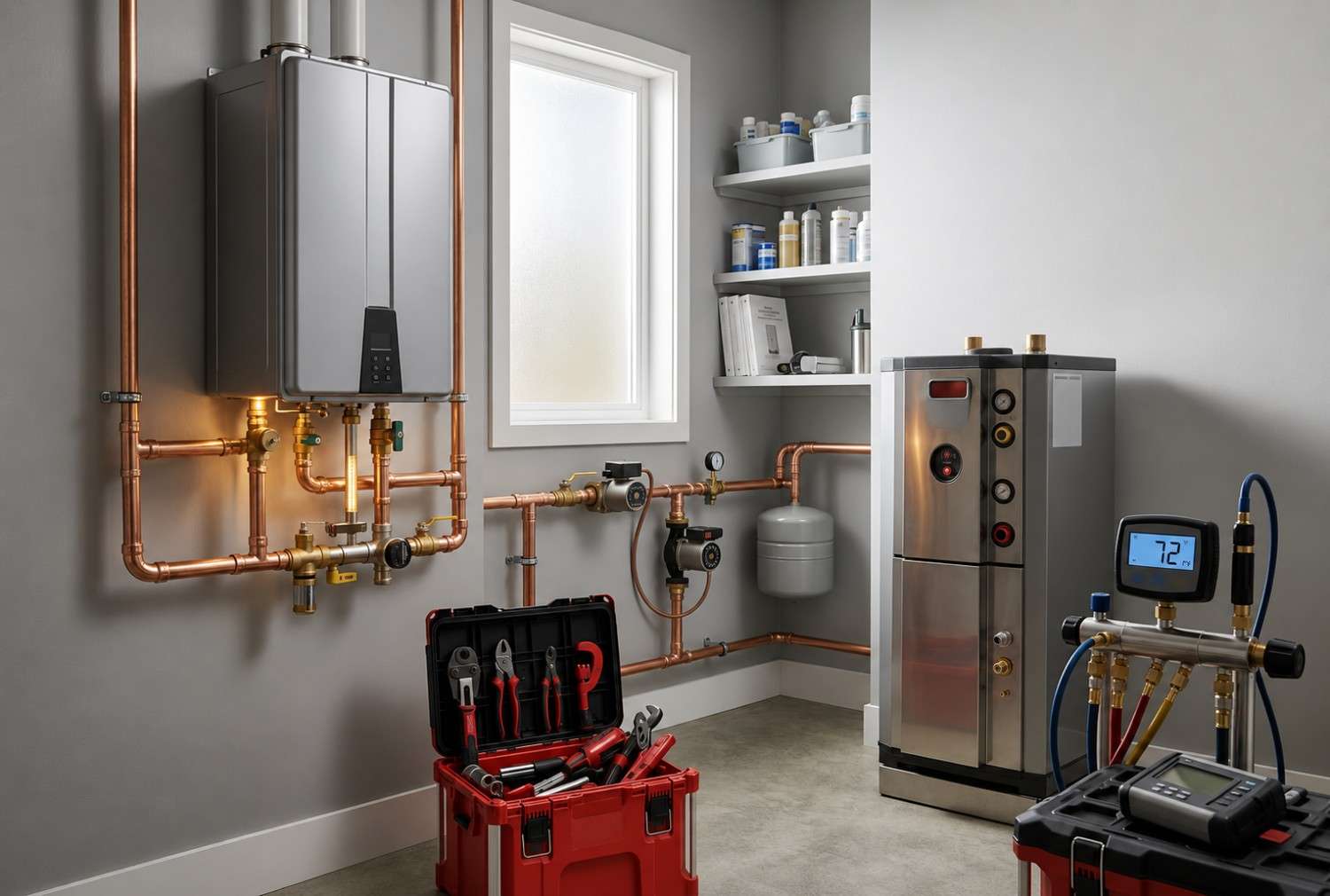 Modern boiler room featuring a tankless water heater, hydronic heating system, copper plumbing, pressure controls, and professional plumbing tools. Residential mechanical room installation showcasing energy-efficient water heating, water circulation systems, plumbing maintenance, and advanced home heating infrastructure for optimal performance and reliability.
