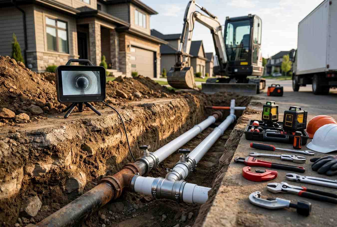Underground water line installation and sewer pipe replacement in a residential neighborhood, featuring trench excavation, pipe inspection camera technology, and professional plumbing tools. Expert plumbing contractors performing utility line repair, underground pipe installation, and infrastructure upgrades for reliable water supply and drainage systems.