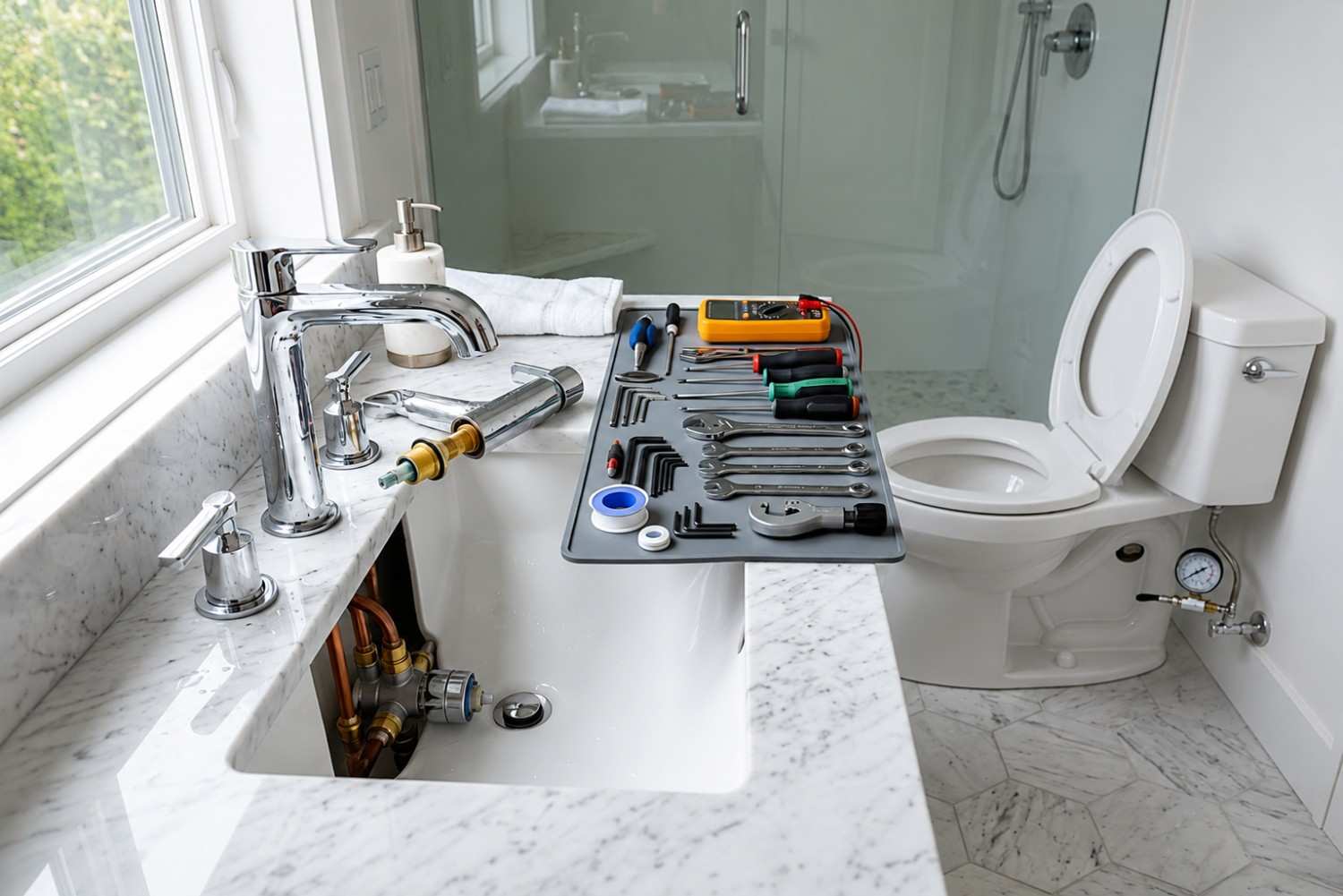 Bathroom sink faucet repair with professional plumbing tools, diagnostic equipment, and exposed water supply connections. Licensed plumber performing bathroom plumbing maintenance, faucet replacement, leak detection, and toilet system inspection in a modern residential bathroom to ensure reliable water flow and efficient plumbing performance.
