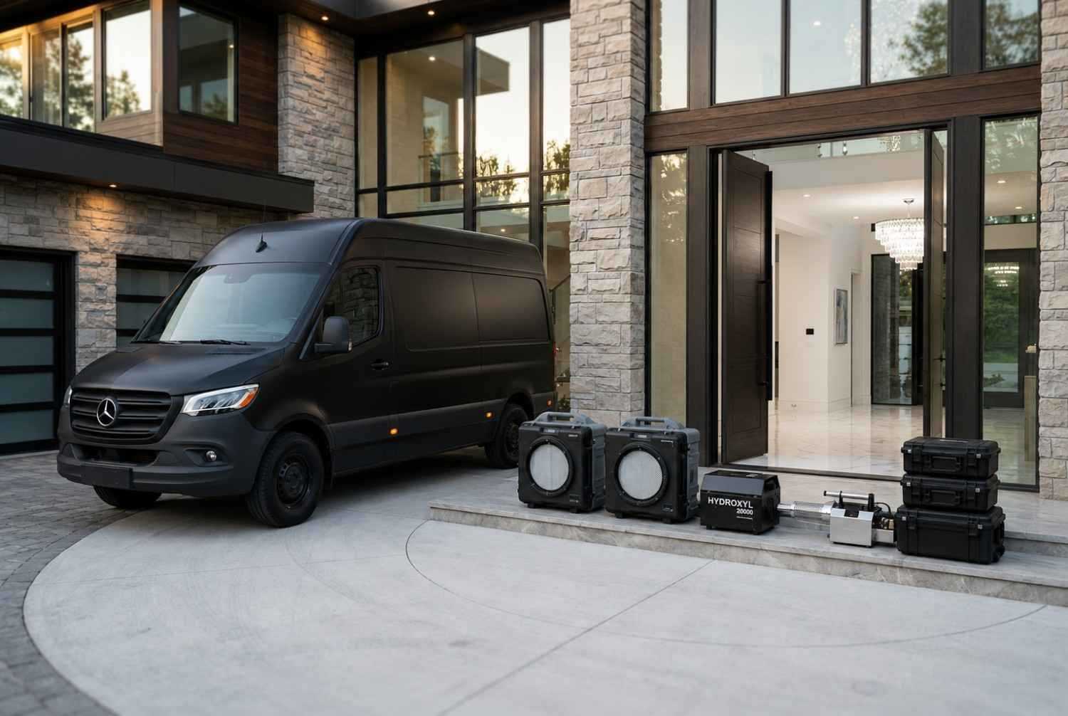 Emergency biohazard cleanup and decontamination services outside a luxury home, featuring HEPA air scrubbers, hydroxyl generators, sanitation equipment, and rapid response restoration vehicles. Certified biohazard remediation specialists provide odor removal, pathogen control, and environmental cleaning to restore safe, healthy residential environments.