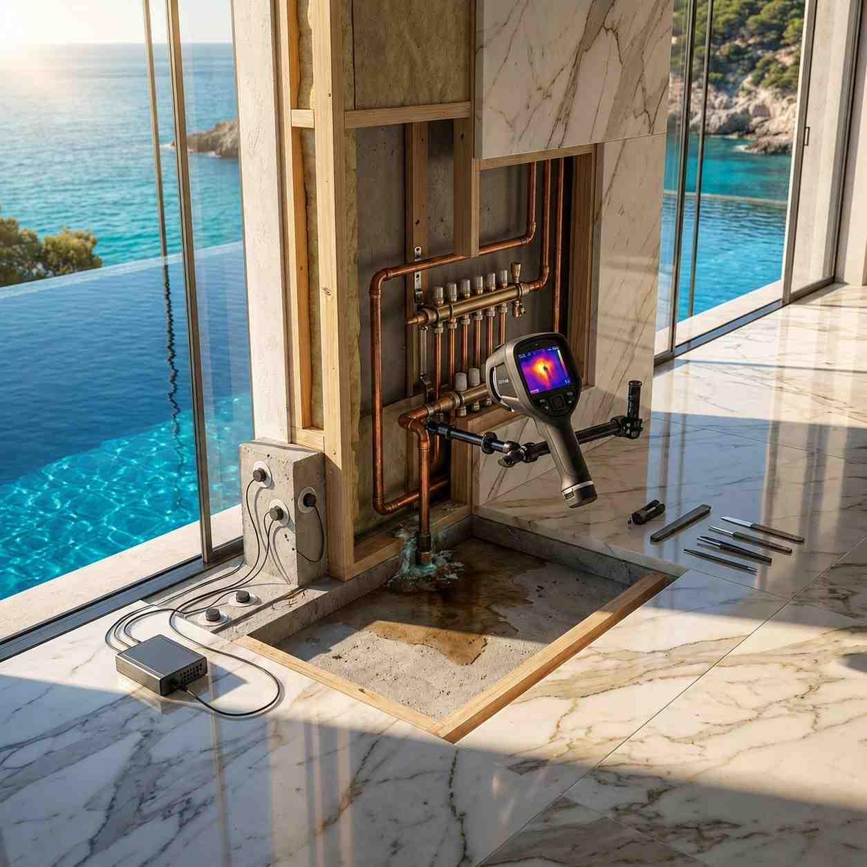 Infrared thermal camera detecting a concealed water pipe leak behind a wall in a luxury home, revealing moisture damage and plumbing issues for non-invasive leak detection, water damage prevention, and professional residential plumbing inspection services.