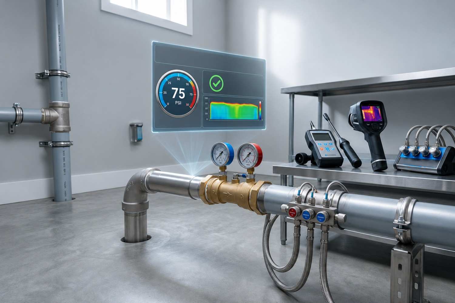 Post-repair water leak verification using thermal imaging, pressure testing, and professional leak detection equipment, confirming leak-free plumbing system integrity in a commercial or residential property after pipe repair and maintenance.