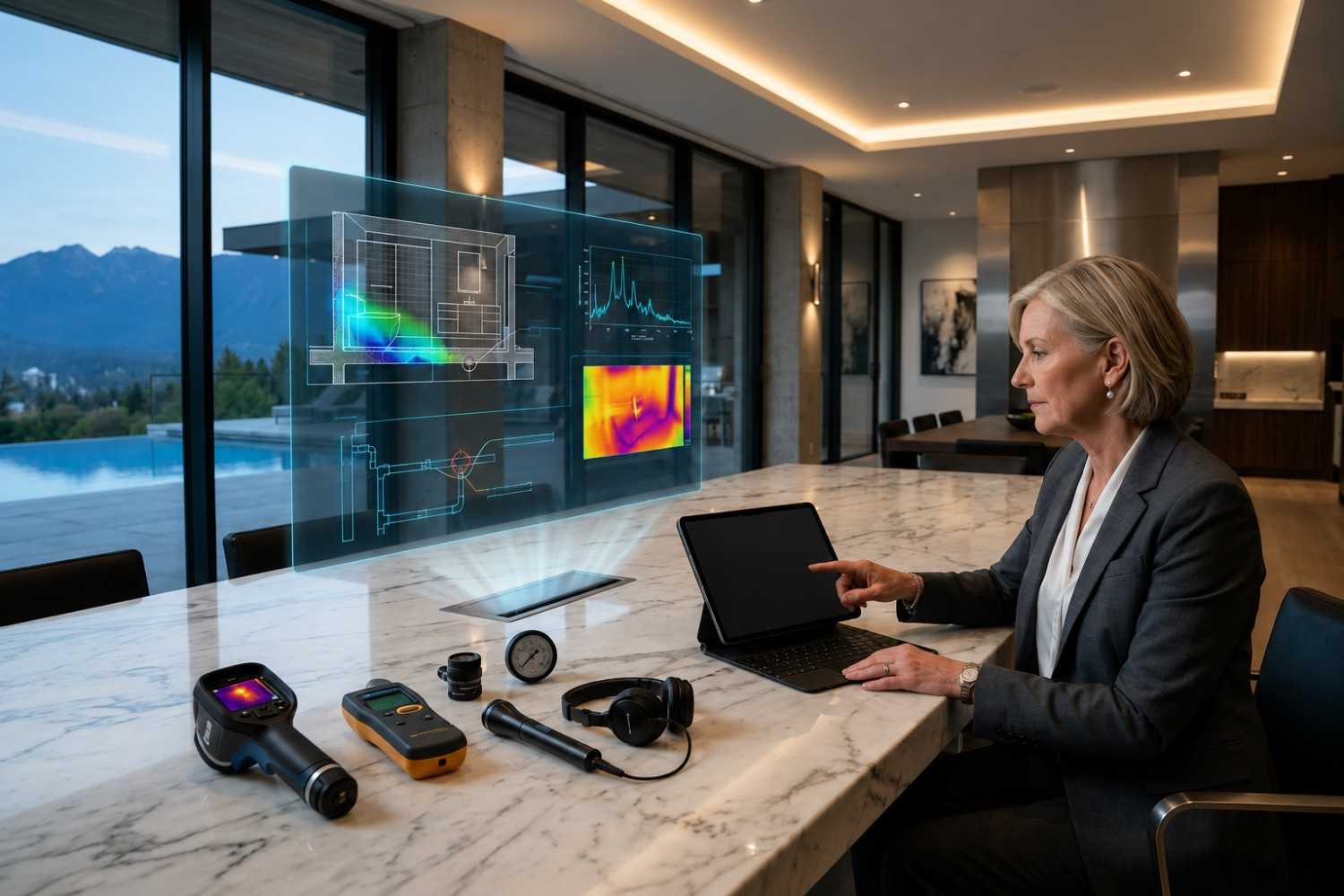Professional leak detection consultant reviewing thermal imaging, acoustic testing, and moisture mapping data to analyze hidden plumbing leaks, water damage, and pipe network issues, supporting accurate leak diagnosis, insurance claims, and property damage assessment.