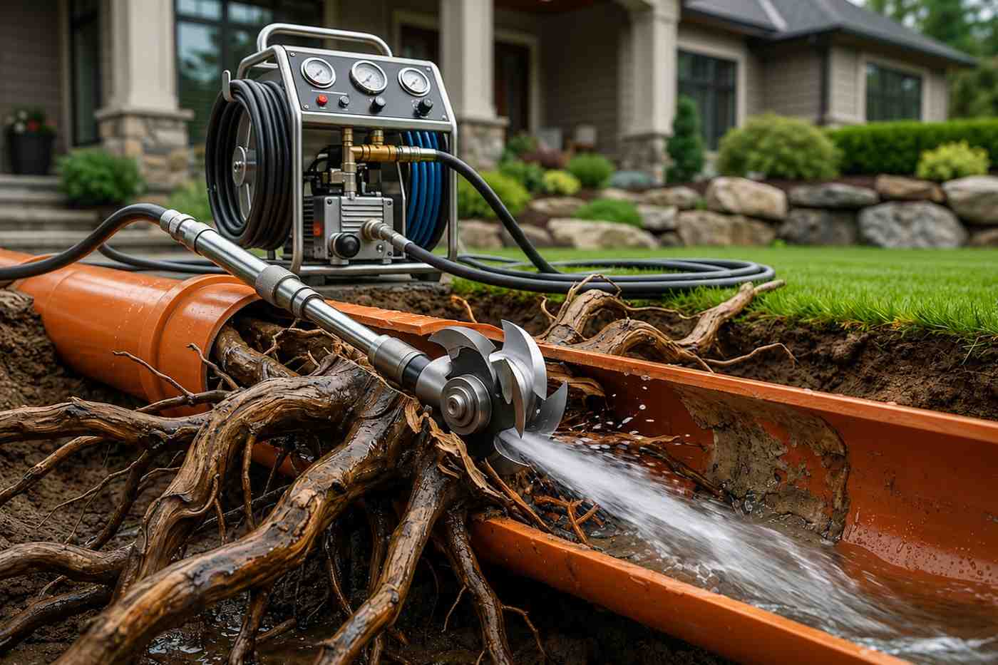 Hydro jetting equipment removing invasive tree roots from a clogged underground sewer line, restoring drainage and preventing pipe damage through professional drain cleaning, sewer repair, root intrusion removal, and residential plumbing maintenance services.