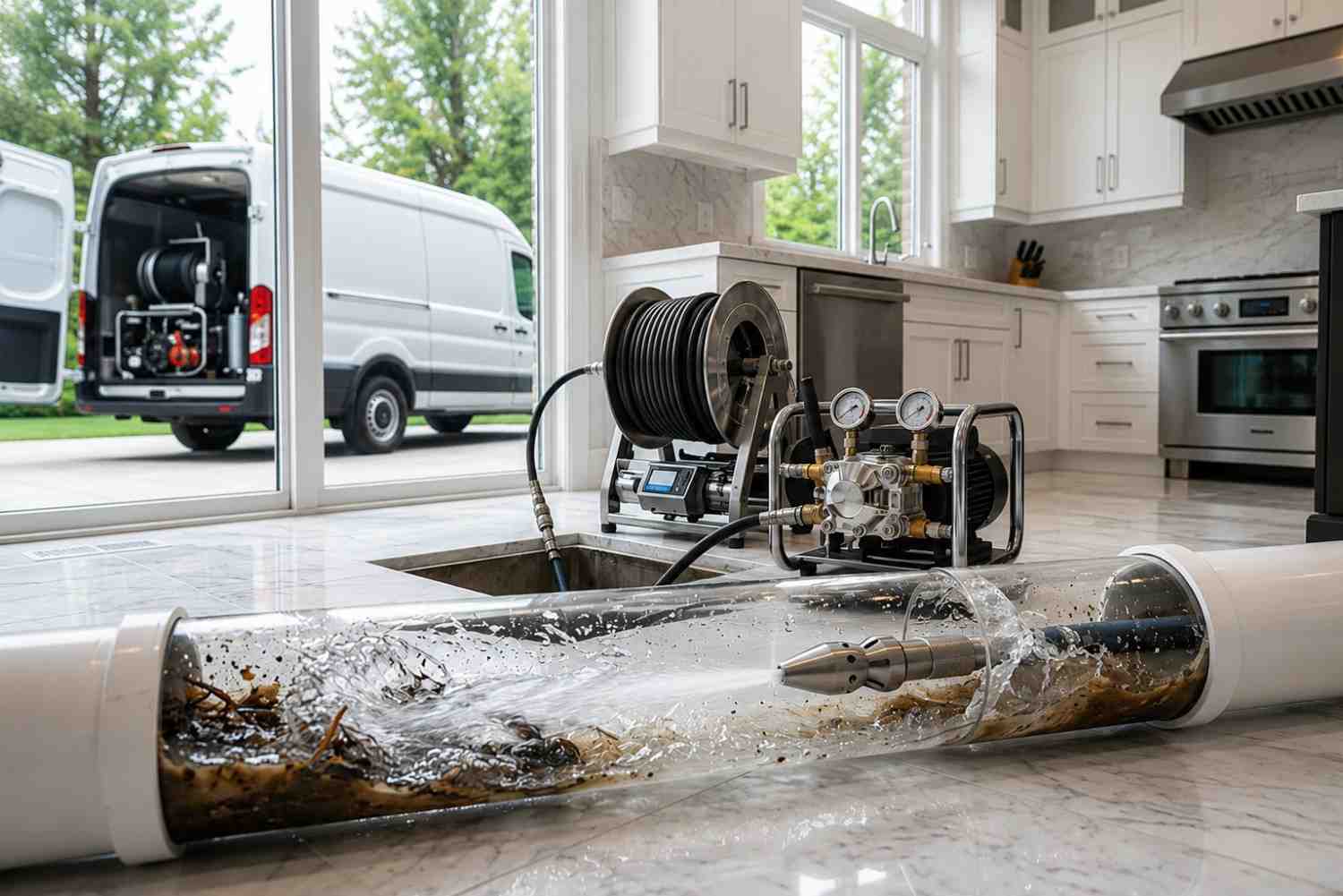 Hydro jet drain cleaning equipment clearing stubborn sewer pipe blockages with high-pressure water, removing grease, debris, and buildup to restore flow and improve plumbing performance through professional drain cleaning and sewer maintenance services.