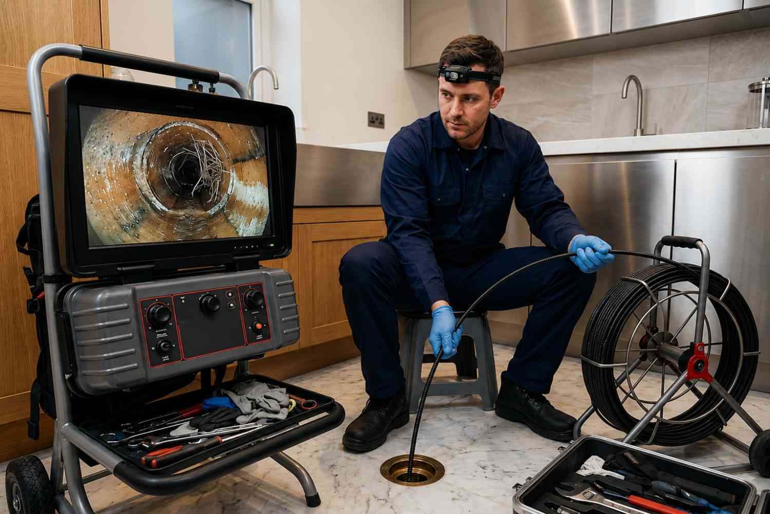 Professional plumber performing a sewer camera inspection through a floor drain, using CCTV pipe inspection equipment to detect blockages, cracks, and root intrusion for accurate drain diagnostics, sewer line maintenance, and residential plumbing repair services.
