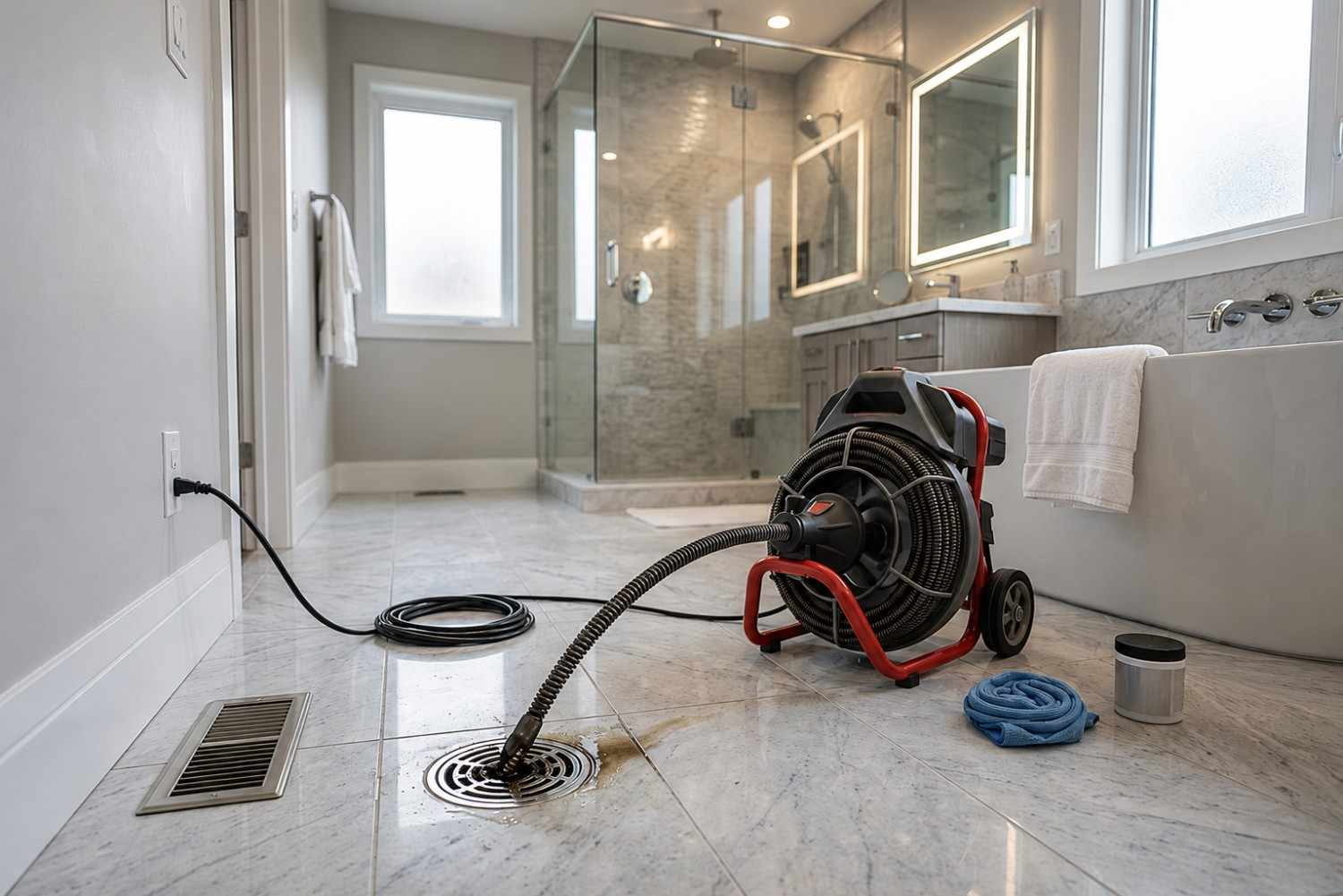 Professional drain cleaning machine clearing a clogged bathroom floor drain, removing blockages and restoring proper drainage in a residential bathroom through expert drain cleaning, sewer maintenance, and preventive plumbing repair services.