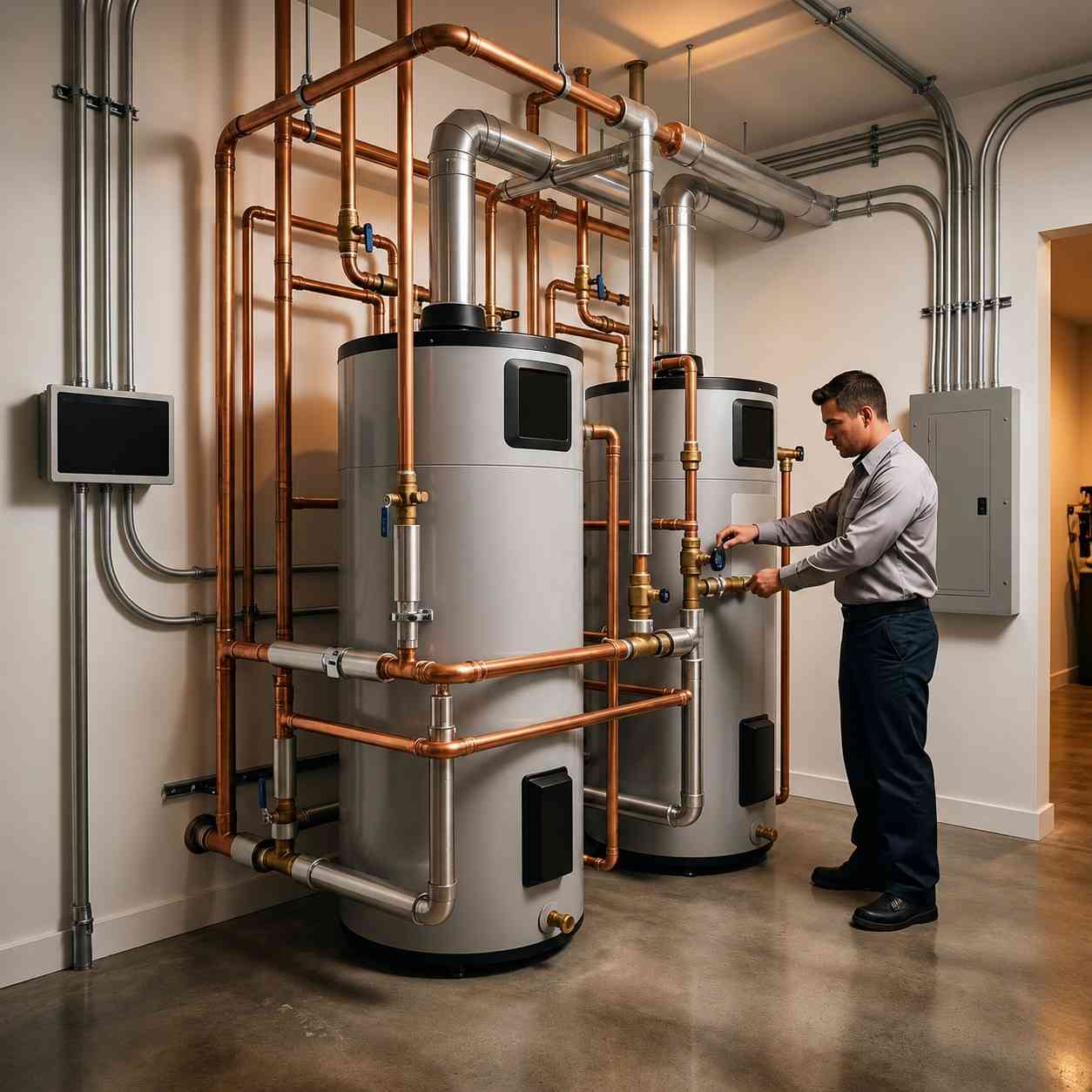 Technician servicing a commercial hot water system with high-efficiency water heaters and copper piping, performing preventive maintenance to optimize energy efficiency, ensure reliable hot water supply, and support professional plumbing and mechanical system performance.