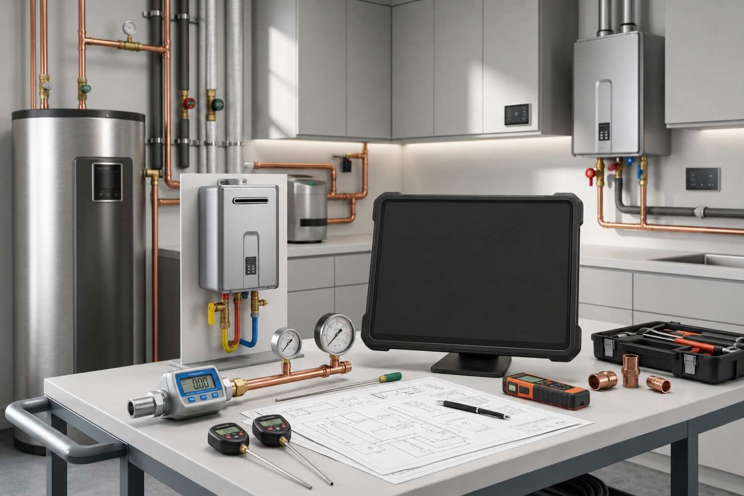Water heater comparison and plumbing system assessment setup featuring tankless and traditional water heaters, diagnostic tools, and performance data for energy-efficient water heating, professional plumbing design, system sizing, and residential hot water installation planning.
