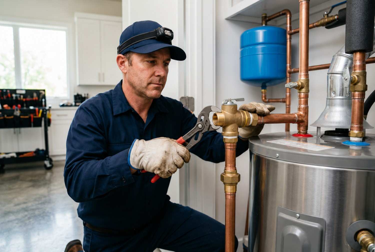 Professional plumber servicing a residential water heater and pressure relief valve, inspecting copper piping connections to ensure safe operation, prevent leaks, improve energy efficiency, and maintain reliable hot water performance through expert plumbing maintenance services.
