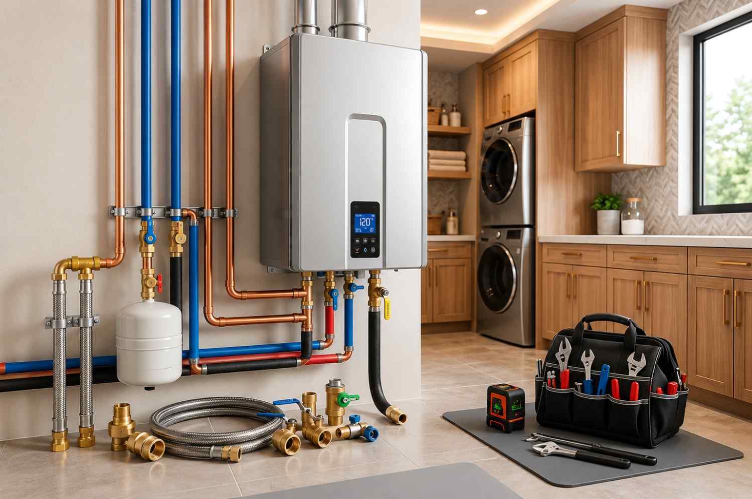 Modern tankless water heater installation with PEX and copper plumbing connections, showcasing energy-efficient hot water technology, professional plumbing upgrades, residential water heater replacement, and home plumbing system maintenance for reliable year-round performance.
