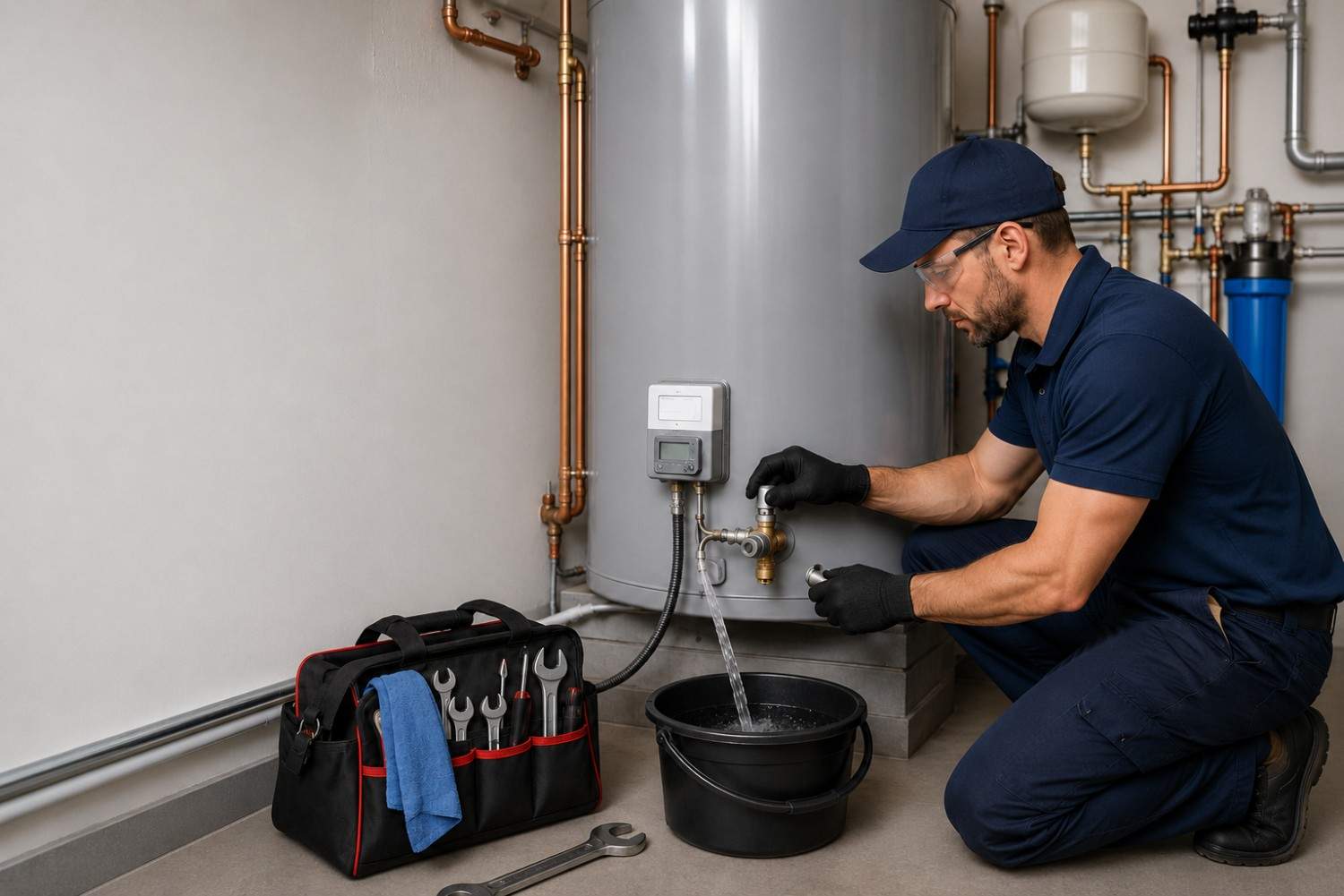 Professional plumber performing water heater installation, system flushing, and commissioning service, ensuring optimal performance, energy efficiency, leak prevention, and safe operation of a residential hot water system through expert plumbing maintenance and startup procedures.
