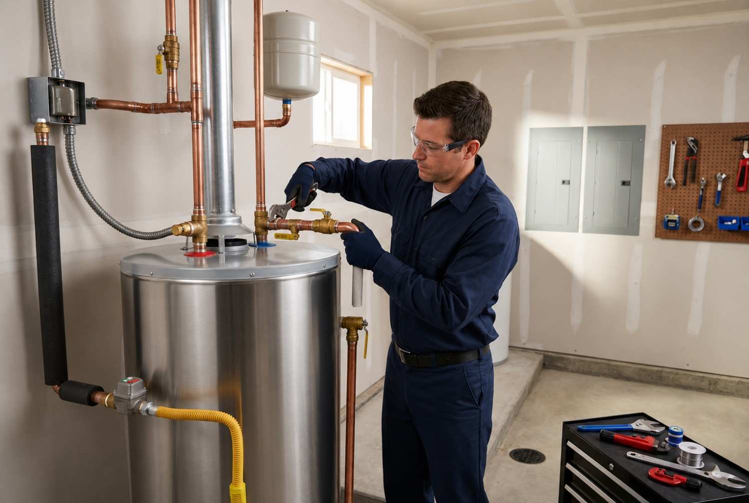 Professional plumber installing and servicing a residential gas water heater, inspecting copper pipe connections and safety components to ensure efficient hot water performance, leak prevention, code compliance, and reliable home plumbing system operation.
