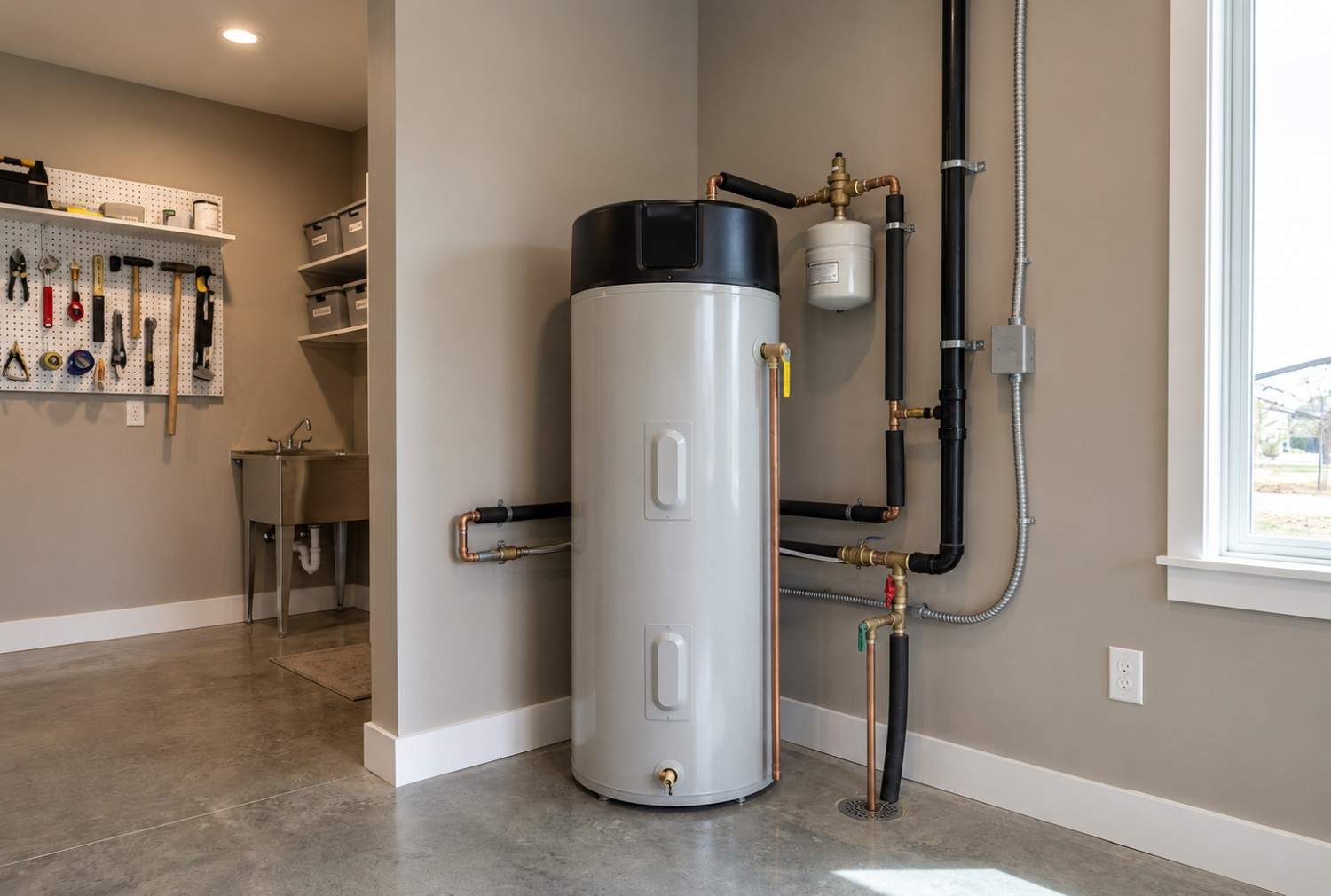 Energy-efficient heat pump water heater installed in a residential utility room, featuring insulated plumbing connections and expansion tank for reliable hot water, reduced energy costs, sustainable home upgrades, and professional water heater installation services.