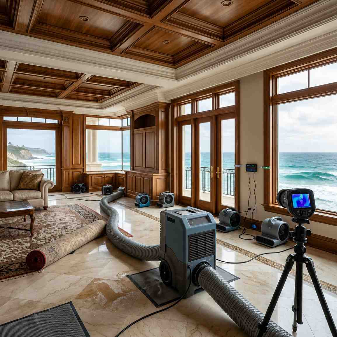 Luxury waterfront home water damage restoration using thermal imaging, industrial dehumidifiers, air movers, and structural drying equipment to detect hidden moisture, prevent mold growth, and restore flood-damaged interiors with professional water mitigation services.