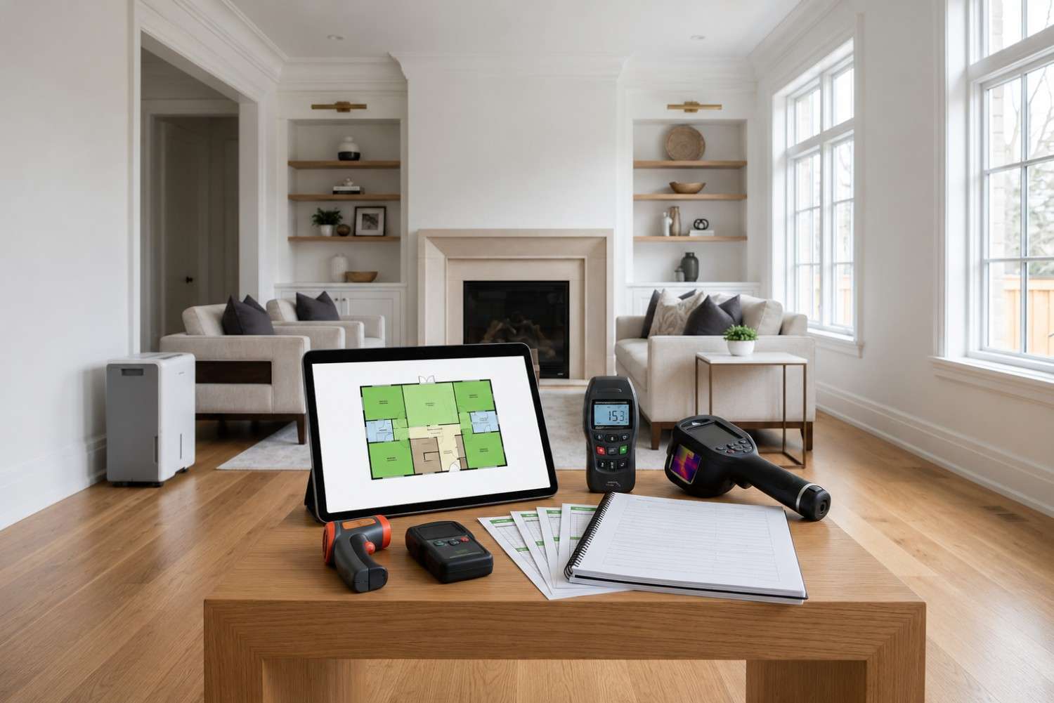 Water damage assessment and restoration planning in a residential living room, featuring moisture meters, thermal imaging equipment, structural drying documentation, and inspection reports used to detect hidden moisture, prevent mold growth, and guide professional water damage restoration services.