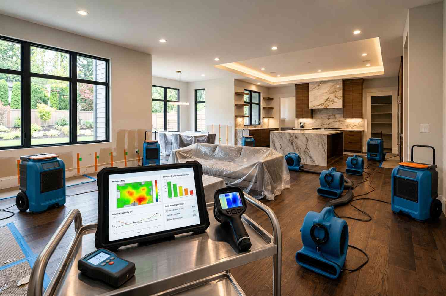 Water damage restoration and structural drying in a residential home, featuring moisture mapping software, thermal imaging inspection, industrial dehumidifiers, and air movers to monitor drying progress, detect hidden moisture, prevent mold growth, and restore flood-damaged interiors.