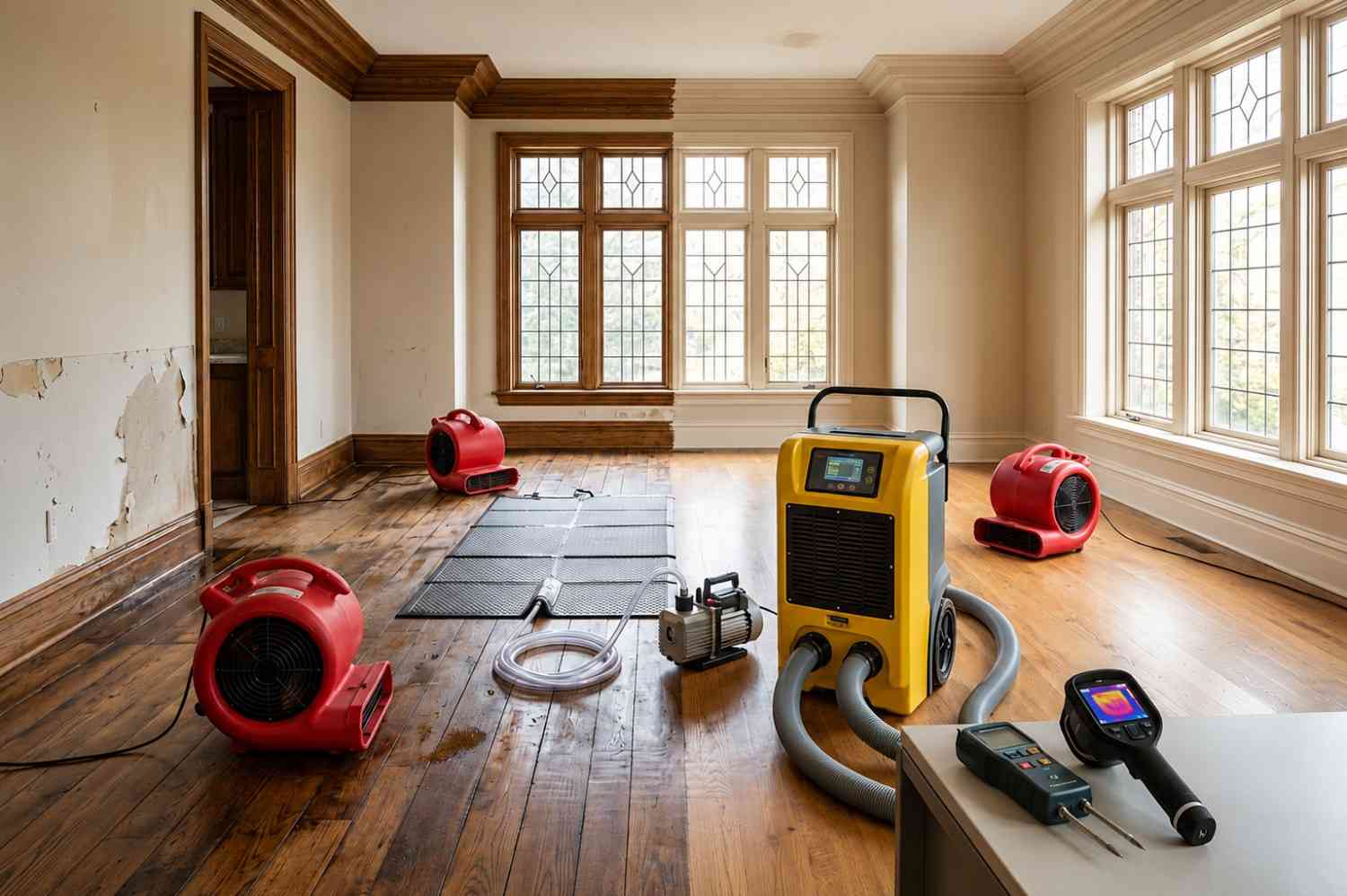 Structural drying and water damage restoration in a residential property, featuring industrial dehumidifiers, air movers, moisture meters, and thermal imaging equipment used to remove moisture, prevent mold growth, and restore flood-damaged hardwood floors and interior surfaces.