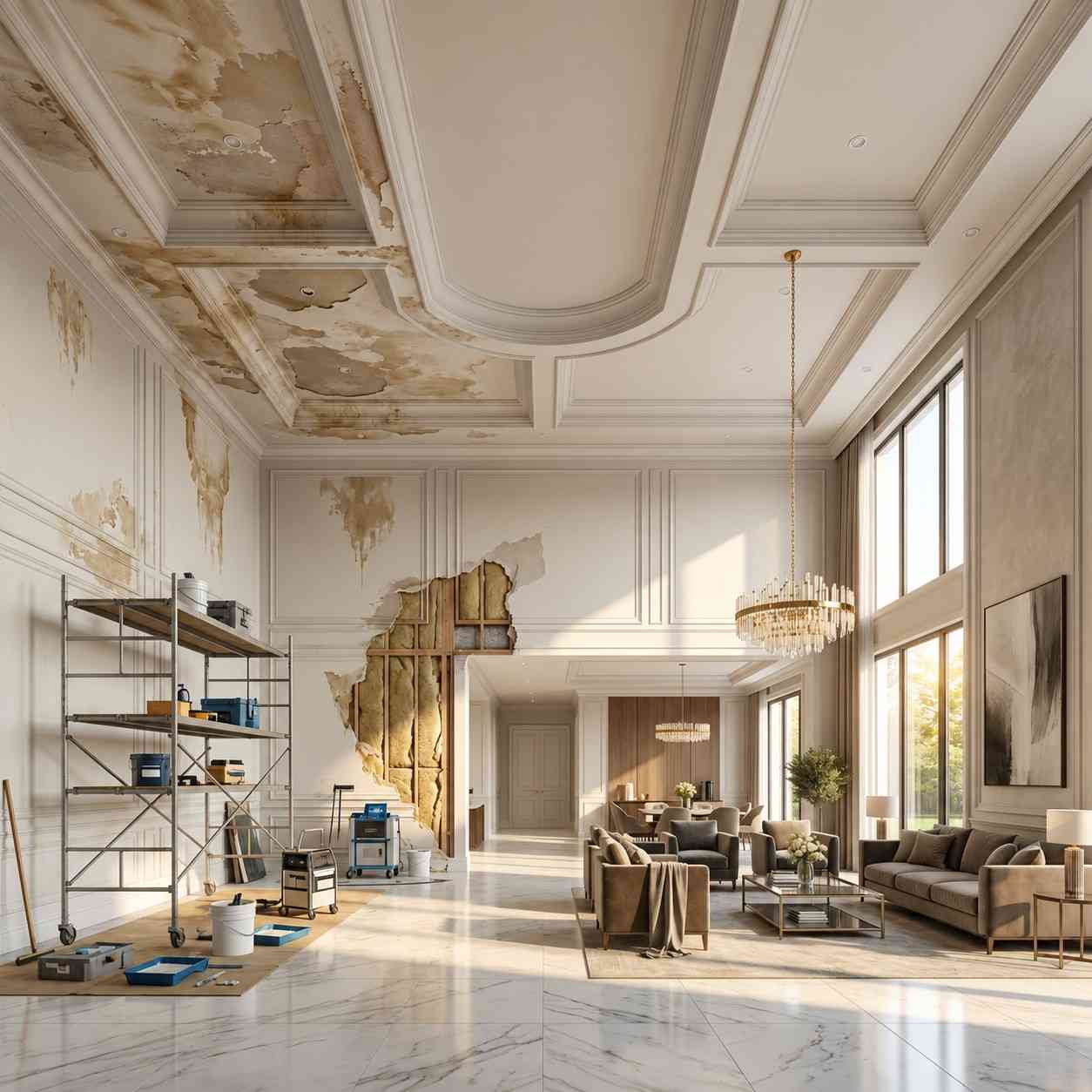 Luxury home water damage restoration and ceiling leak repair, featuring moisture detection, structural drying, drywall reconstruction, and mold remediation services to restore flood-damaged ceilings, walls, and interiors while preventing long-term water damage.