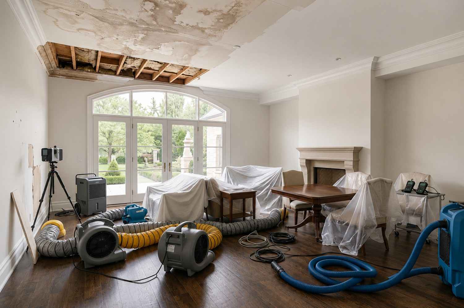 Ceiling water damage restoration in a residential home, featuring structural drying equipment, industrial air movers, dehumidifiers, and moisture monitoring tools to repair water-damaged ceilings, protect furnishings, prevent mold growth, and restore flood-affected interiors.