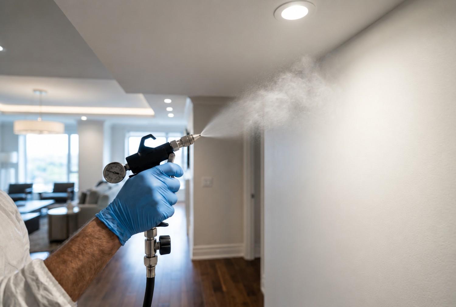 Mold remediation specialist applying antimicrobial treatment to interior walls after water damage, helping eliminate mold spores, improve indoor air quality, prevent microbial growth, and support complete residential water damage restoration and cleanup services.
