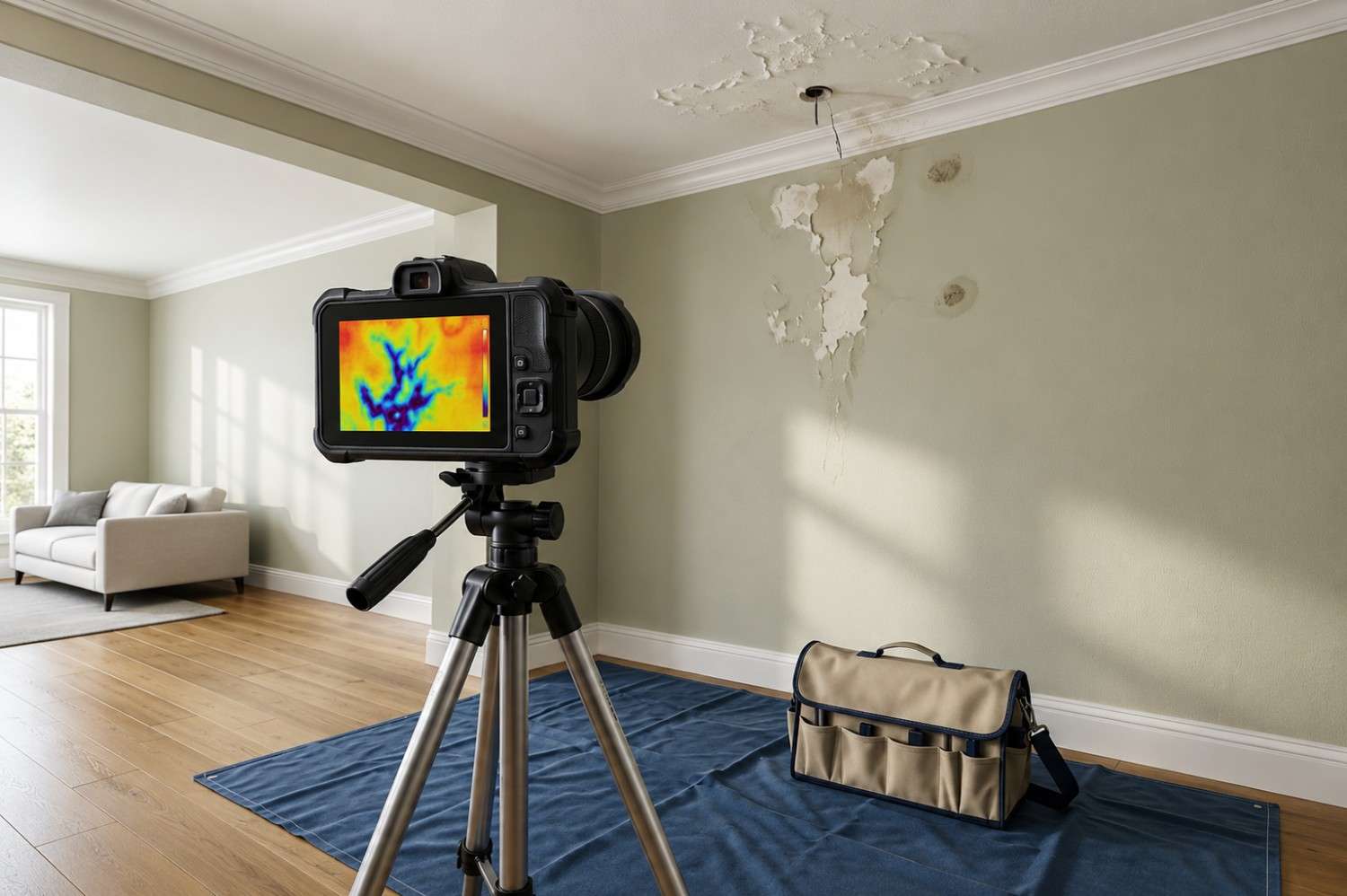 Thermal imaging water damage inspection identifying hidden moisture behind walls and ceilings, enabling accurate leak detection, mold prevention, and targeted water damage restoration services to repair flood-damaged residential interiors and building materials.