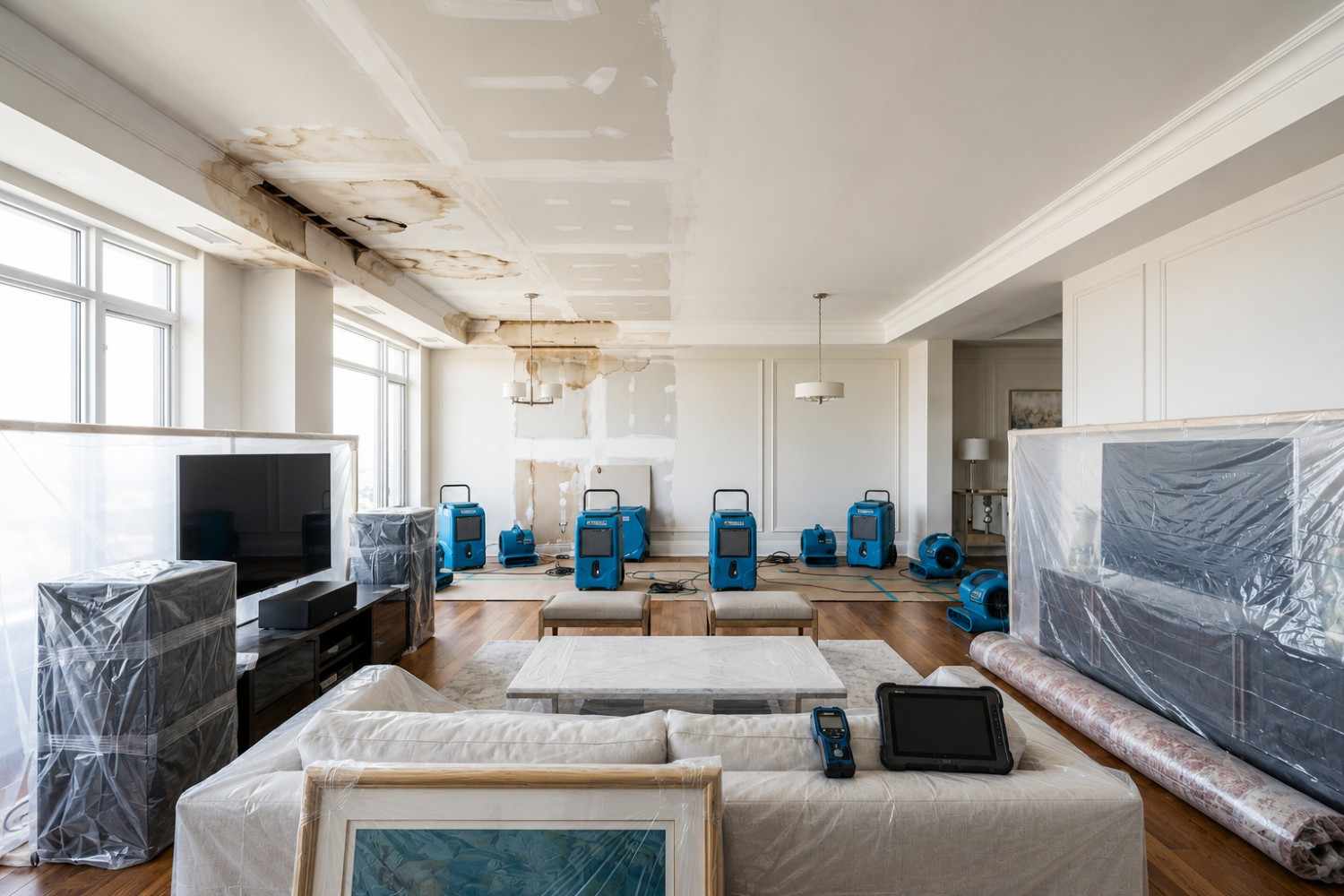 Water damage restoration and contents protection in a residential property, featuring furniture wrap, structural drying equipment, industrial dehumidifiers, and moisture monitoring tools used to restore flood-damaged ceilings, prevent mold growth, and protect valuable belongings during recovery.
