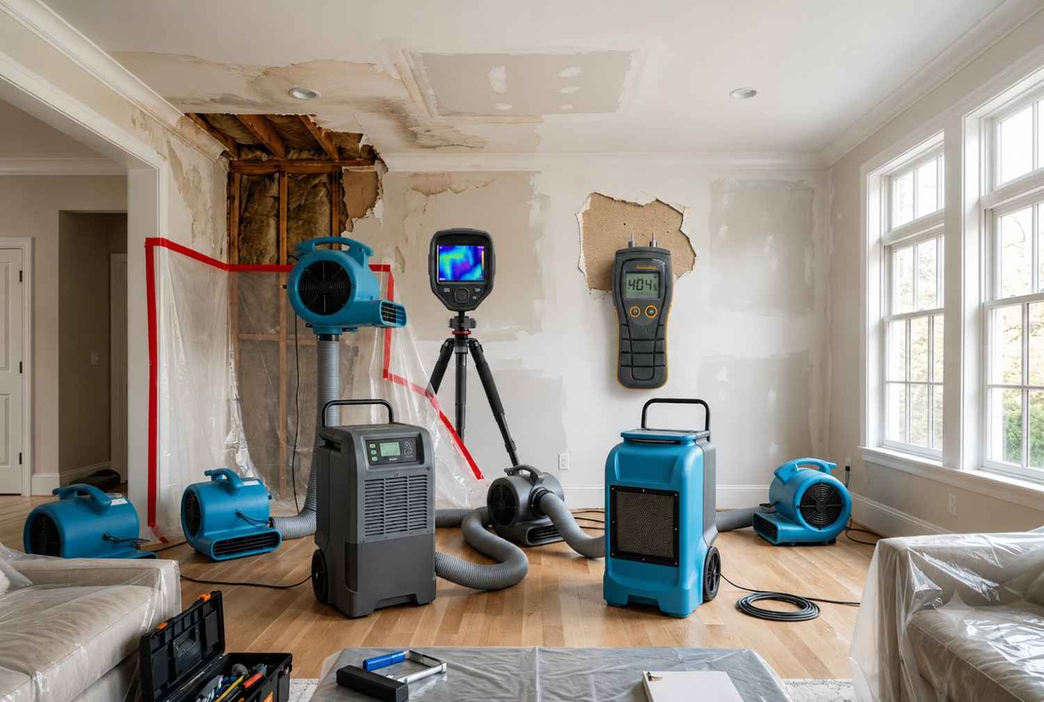 Water damage restoration and mold remediation in a residential home, featuring thermal imaging inspection, moisture monitoring, industrial dehumidifiers, and air movers to dry water-damaged walls, prevent mold growth, and restore flood-affected interiors after ceiling leaks.
