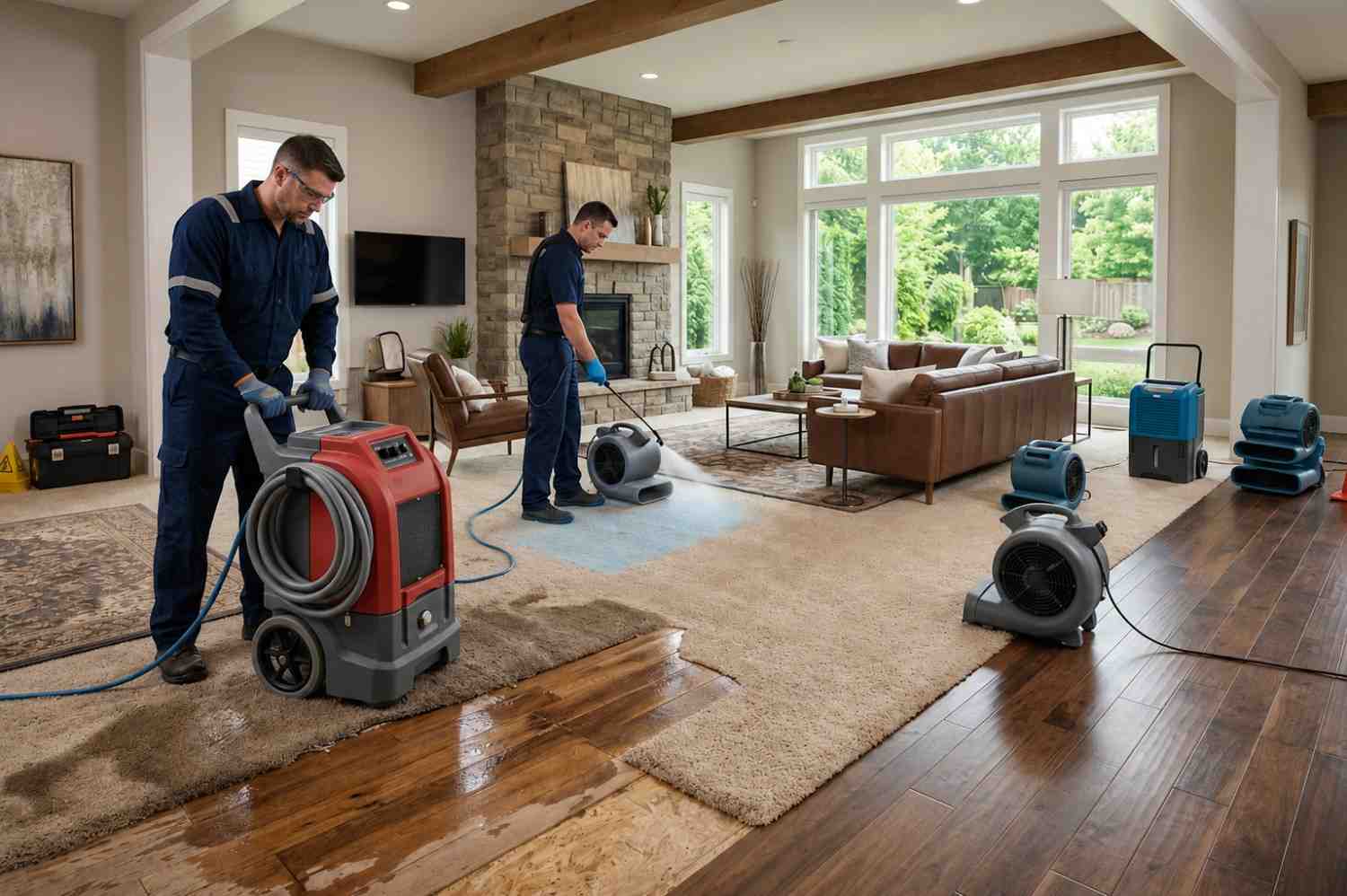 Professional water damage restoration technicians drying wet carpet and hardwood flooring in a residential living room, using dehumidifiers, air movers, and water extraction equipment for flood cleanup, moisture removal, and property restoration services.