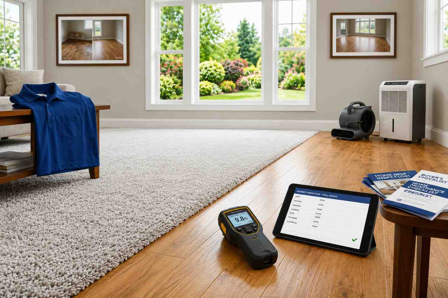 Certified water damage restoration inspection in a residential home, featuring moisture meter readings, dehumidification equipment, and post-flood drying verification for hardwood floors and carpets to ensure complete water mitigation, mold prevention, and property restoration.