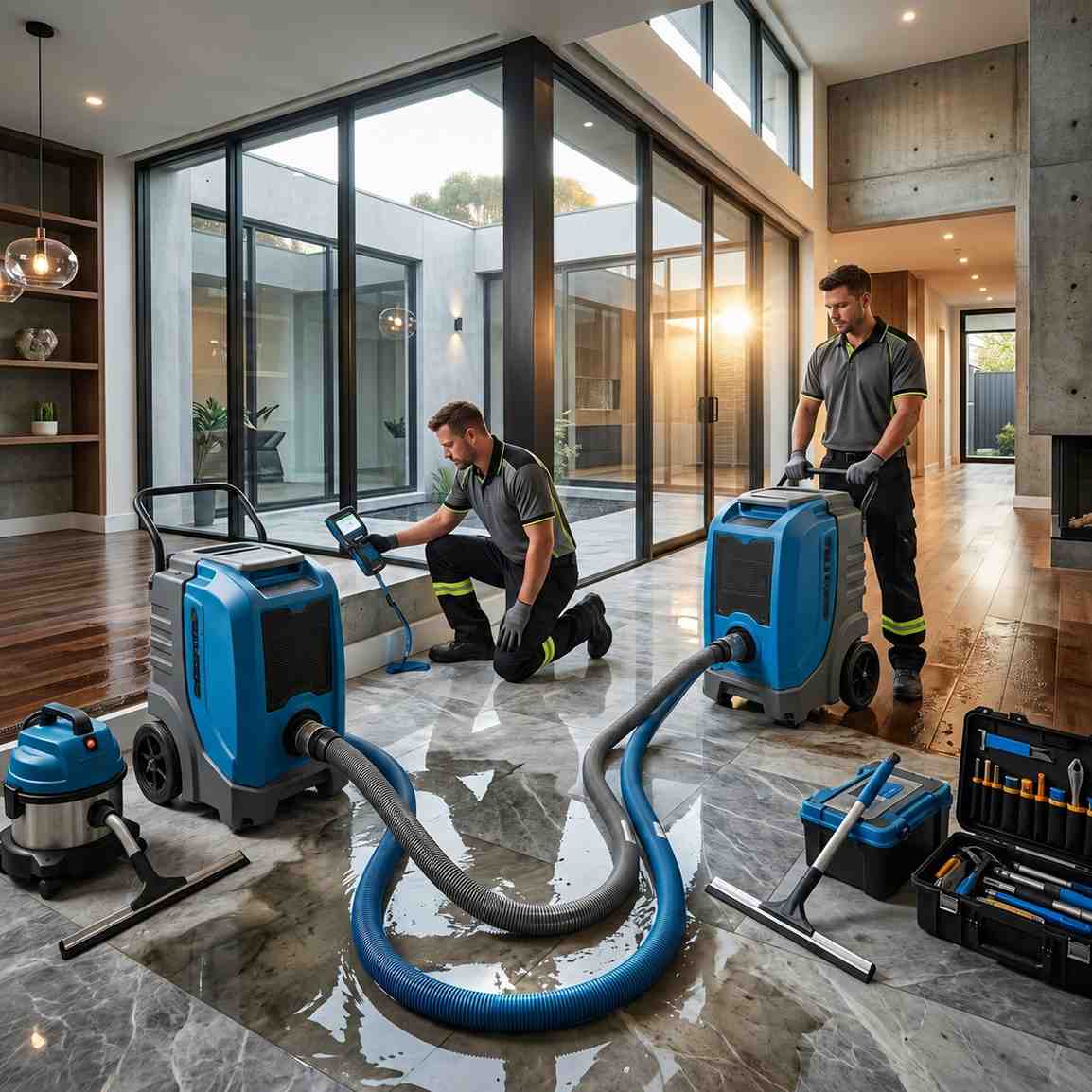 Professional water damage restoration technicians using advanced moisture detection, water extraction equipment, and industrial drying systems to remove standing water, prevent mold growth, and restore residential property after flooding or water damage.