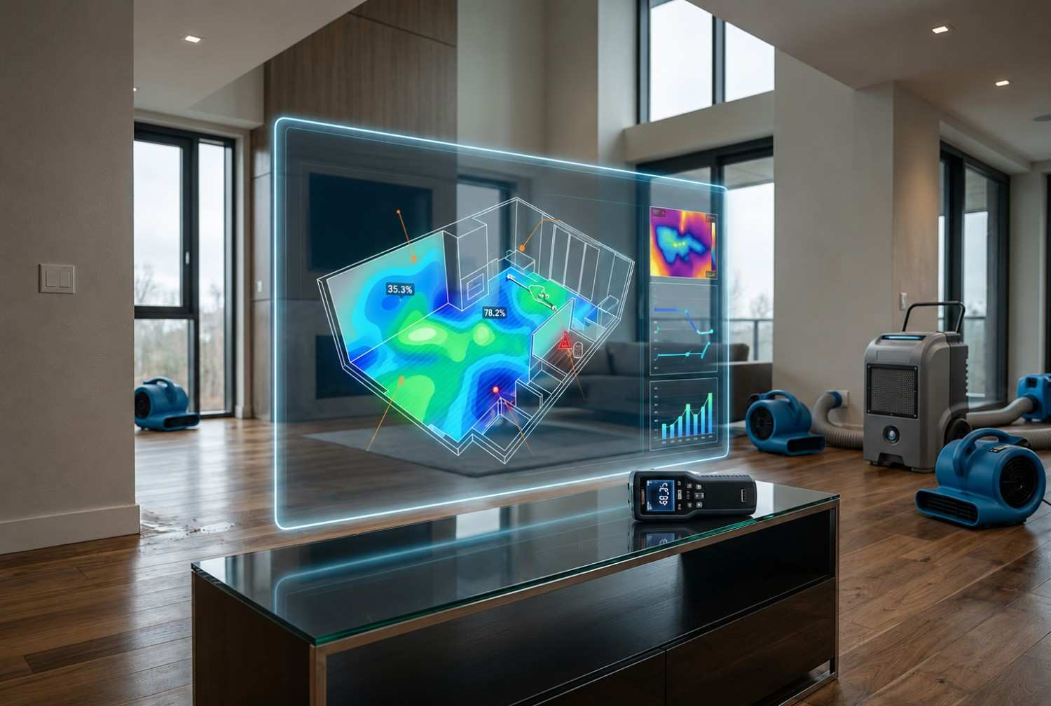 Advanced moisture mapping and thermal imaging technology used in water damage restoration to detect hidden moisture, assess flood damage, guide structural drying, and improve residential water mitigation and mold prevention services.