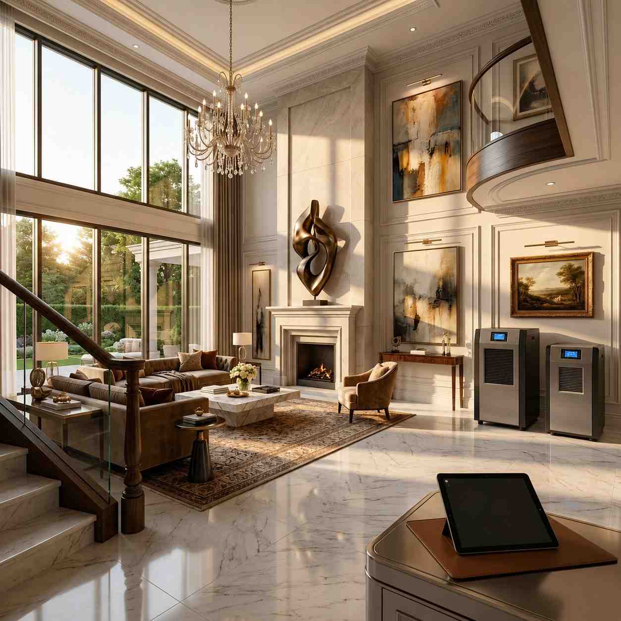 Luxury mansion interior with advanced water damage restoration equipment, commercial dehumidifiers, and moisture monitoring technology, providing structural drying, flood damage cleanup, mold prevention, and premium property restoration services in an upscale residential home
