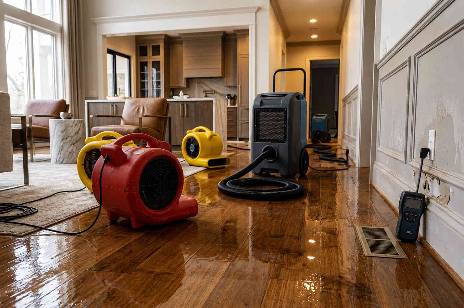 Professional water damage restoration with industrial air movers, dehumidifiers, and moisture detection equipment drying flooded hardwood floors in a residential home to prevent mold growth and restore property after water damage or flooding.