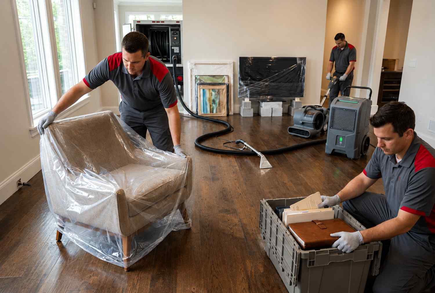 Water damage restoration professionals protecting furniture, recovering contents, and operating industrial drying equipment in a residential home after flooding, providing water extraction, structural drying, mold prevention, and complete property restoration services.