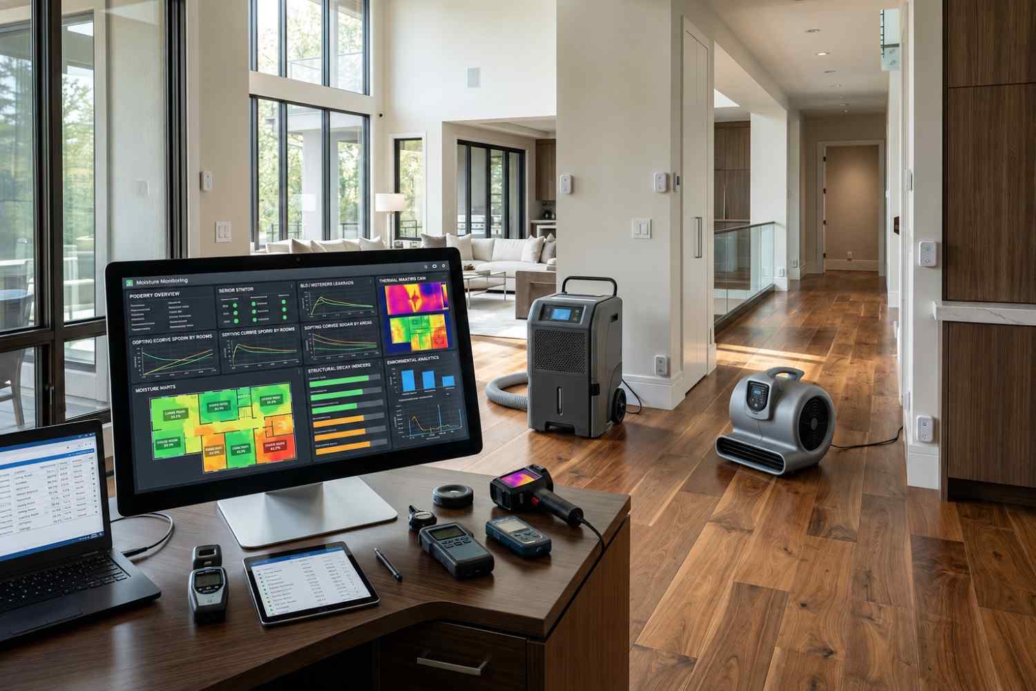 Advanced water damage restoration monitoring in a modern home, featuring moisture mapping software, thermal imaging tools, dehumidifiers, and air movers for hardwood floor drying, flood damage assessment, water mitigation, mold prevention, and professional property restoration services.