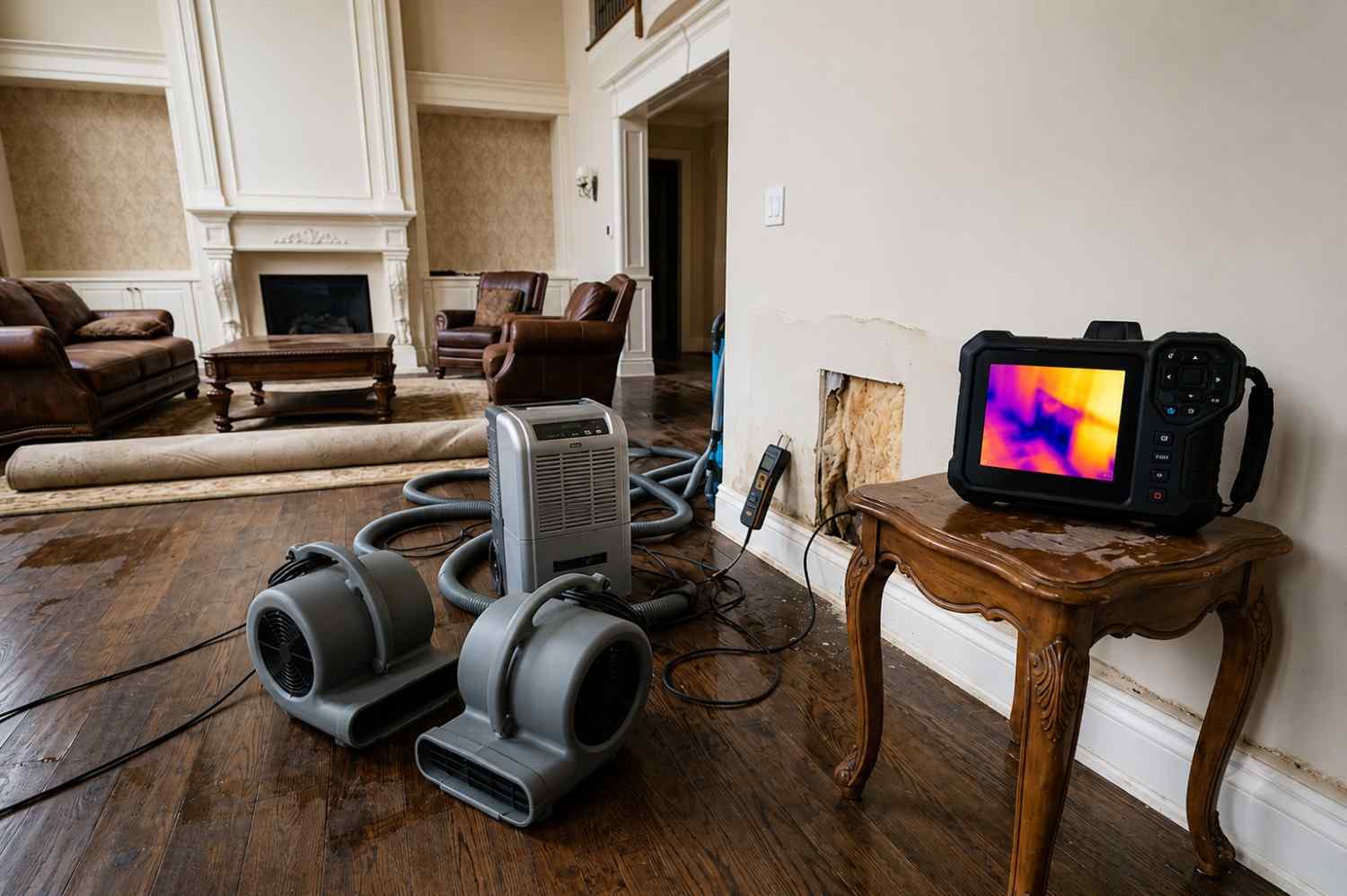 Thermal imaging water damage inspection in a residential home, using moisture detection equipment, dehumidifiers, and air movers to identify hidden water intrusion, dry affected materials, prevent mold growth, and support professional flood restoration services.
