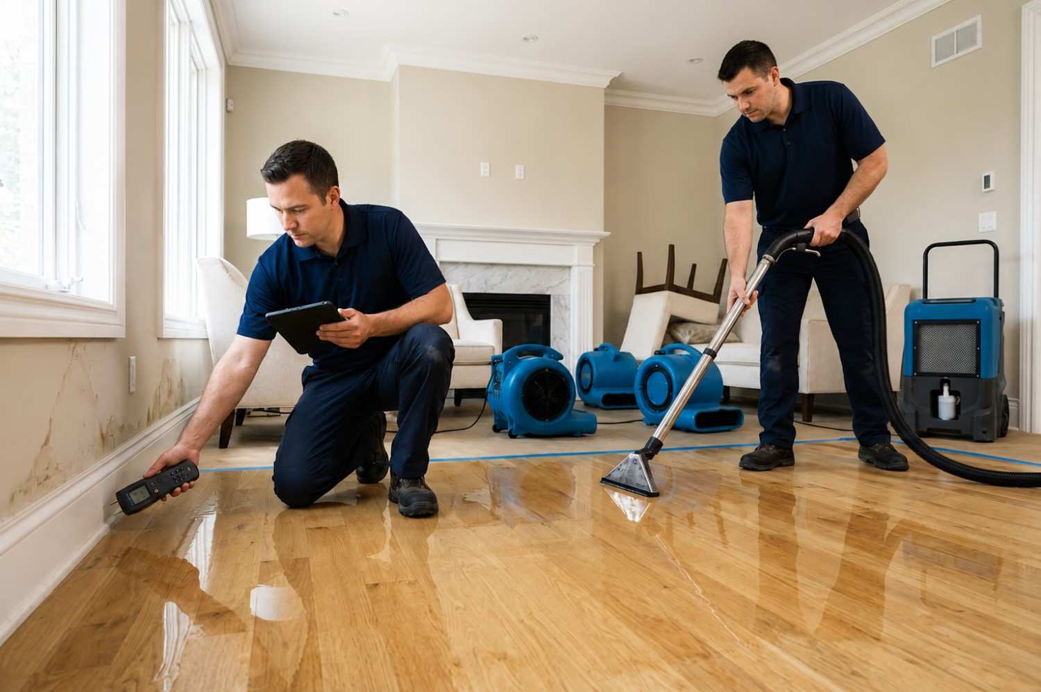 Water damage restoration technicians performing moisture inspection, water extraction, and structural drying on flooded hardwood floors using professional restoration equipment to prevent mold growth and restore residential property after water damage.
