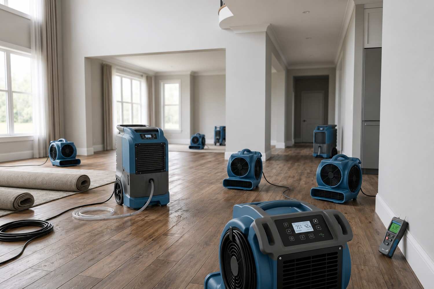 Professional water damage restoration in a residential home, featuring commercial dehumidifiers, air movers, and moisture monitoring equipment drying hardwood floors after flooding, supporting water mitigation, structural drying, mold prevention, and complete property restoration services.