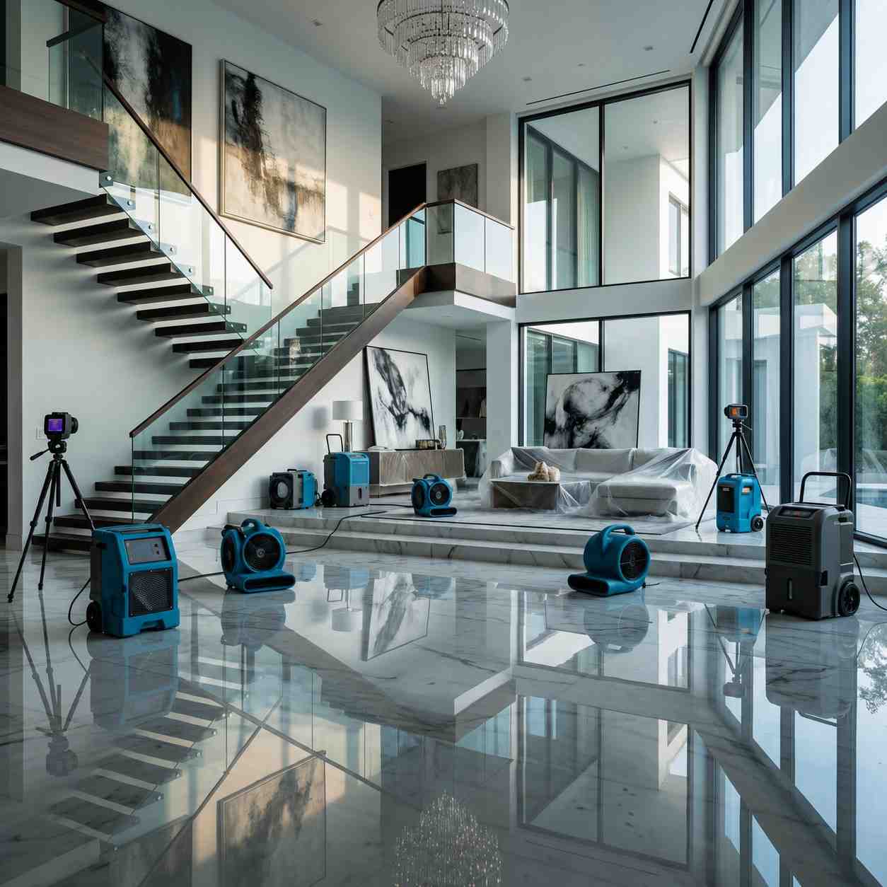 Luxury home water damage restoration with industrial dehumidifiers, air movers, thermal imaging cameras, and moisture detection equipment drying flood-affected interiors, protecting furnishings, preventing mold growth, and restoring high-end residential property after water damage.