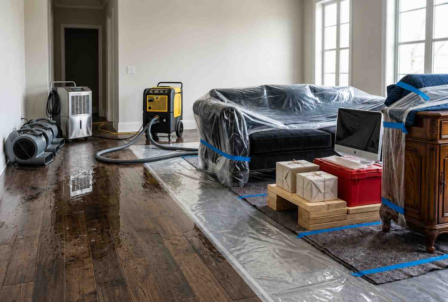 Contents pack-out and water damage restoration services in a residential home, featuring furniture protection, industrial dehumidifiers, air movers, and structural drying equipment to prevent mold growth, preserve belongings, and restore flood-damaged hardwood floors.