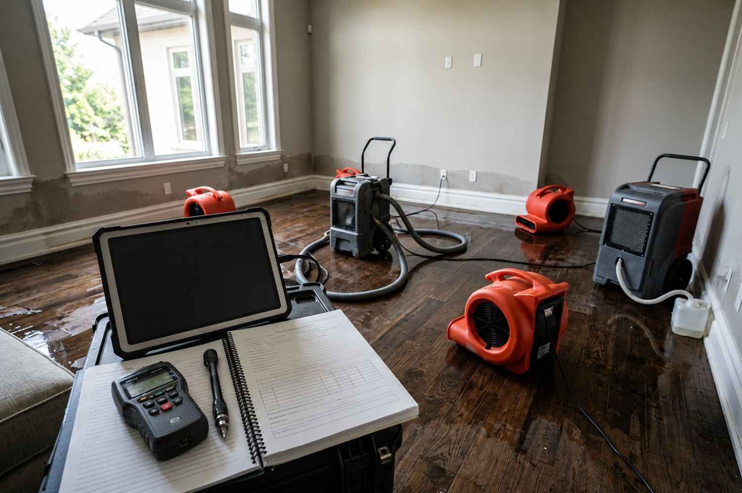 Water damage restoration monitoring and structural drying in a residential property, featuring moisture measurement tools, digital reporting software, industrial dehumidifiers, and air movers to document drying progress, prevent mold growth, and restore flood-damaged hardwood floors.